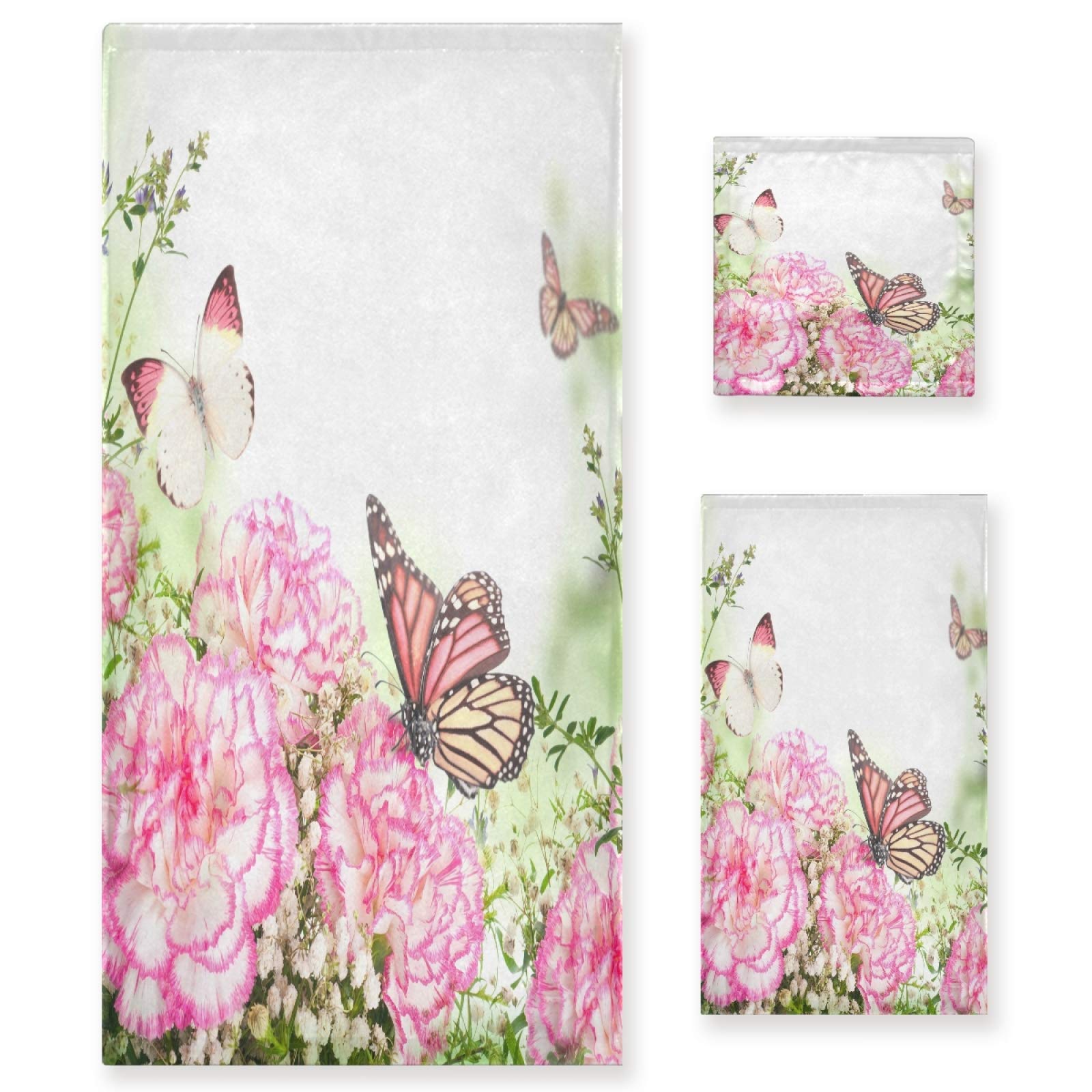 ALAZA Luxury Pink Roses & Butterfly Bath Towel Set - 3 Piece (Bath Towel, Hand Towel, Washcloth) | Soft, Absorbent & Decorative for Bathroom, Hotel, Gym, Yoga & Spa | Perfect Gift for Women & Home Decor