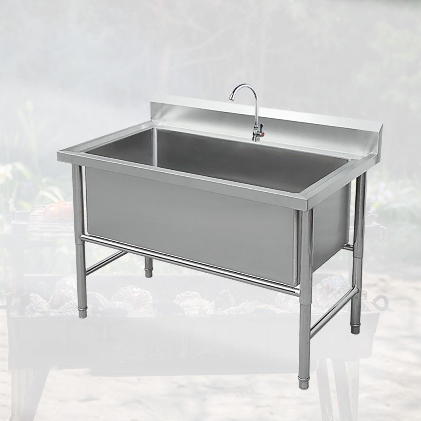 Large Stainless Steel Utility Sink - Freestanding Commercial Kitchen Sink with Single Bowl & Backsplash | Heavy-Duty Industrial Sink for Laundry Room, Garage & Restaurant Use | Includes Single Cold Faucet (Size Options Available)