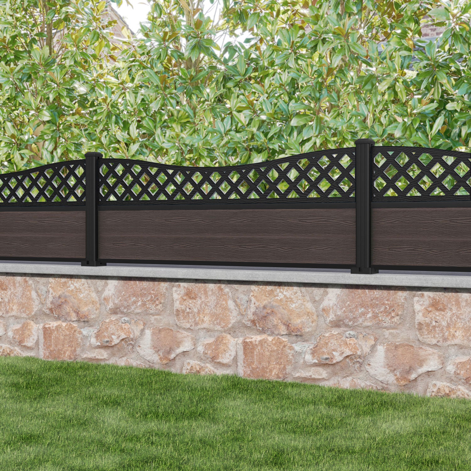 Classic Low Wave Fence Panel - Mid Brown Aluminum Fence with Durable Posts | Perfect for Backyard, Garden, and Property Boundary Security