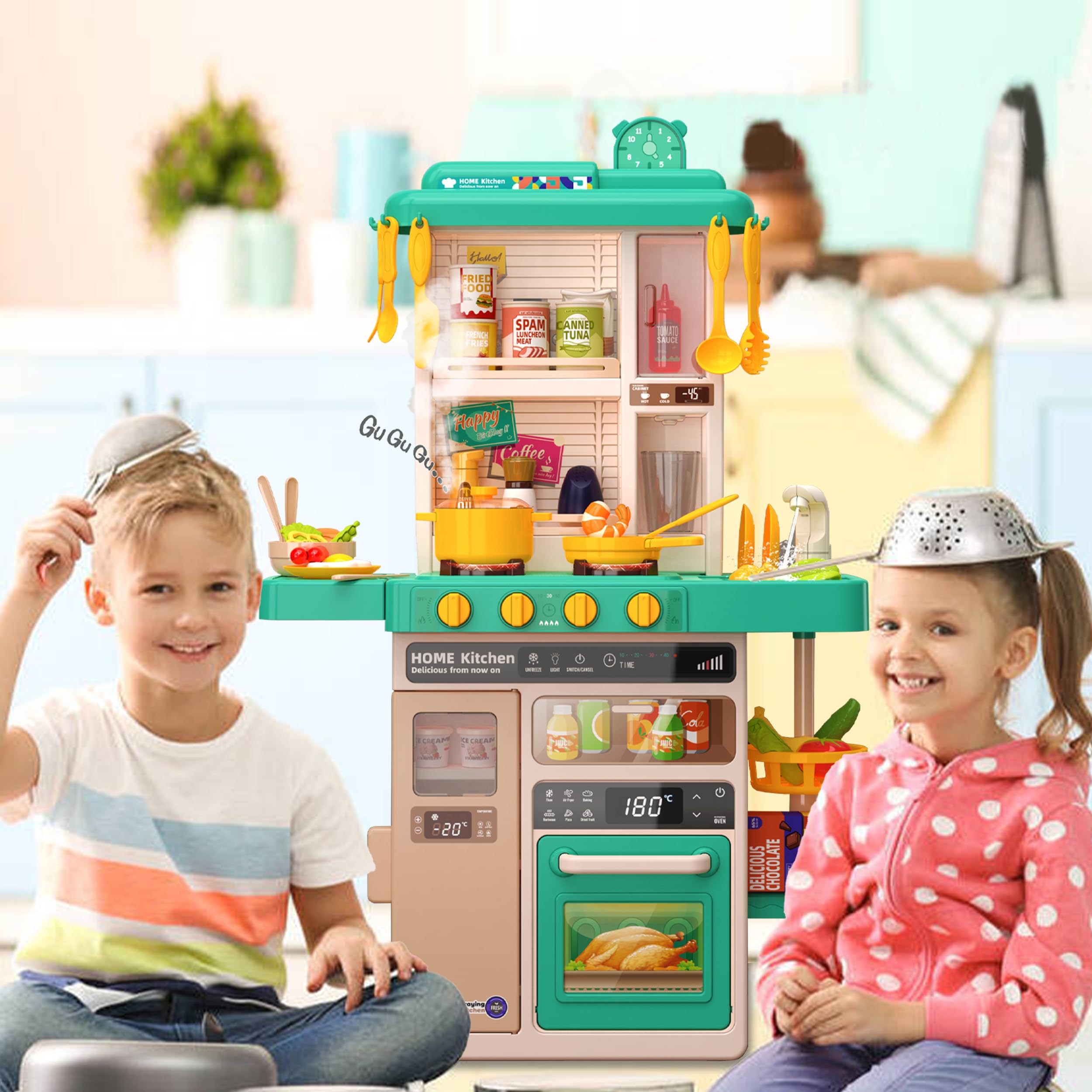 Interactive Kids Kitchen Play Set with 50Pcs Pretend Food Toys - Realistic Sound Effects & Simulated Functions for Toddlers Ages 2-12 | Pretend Play, Role Play, Early Learning | Perfect Gift for Birthday & Christmas (Green)