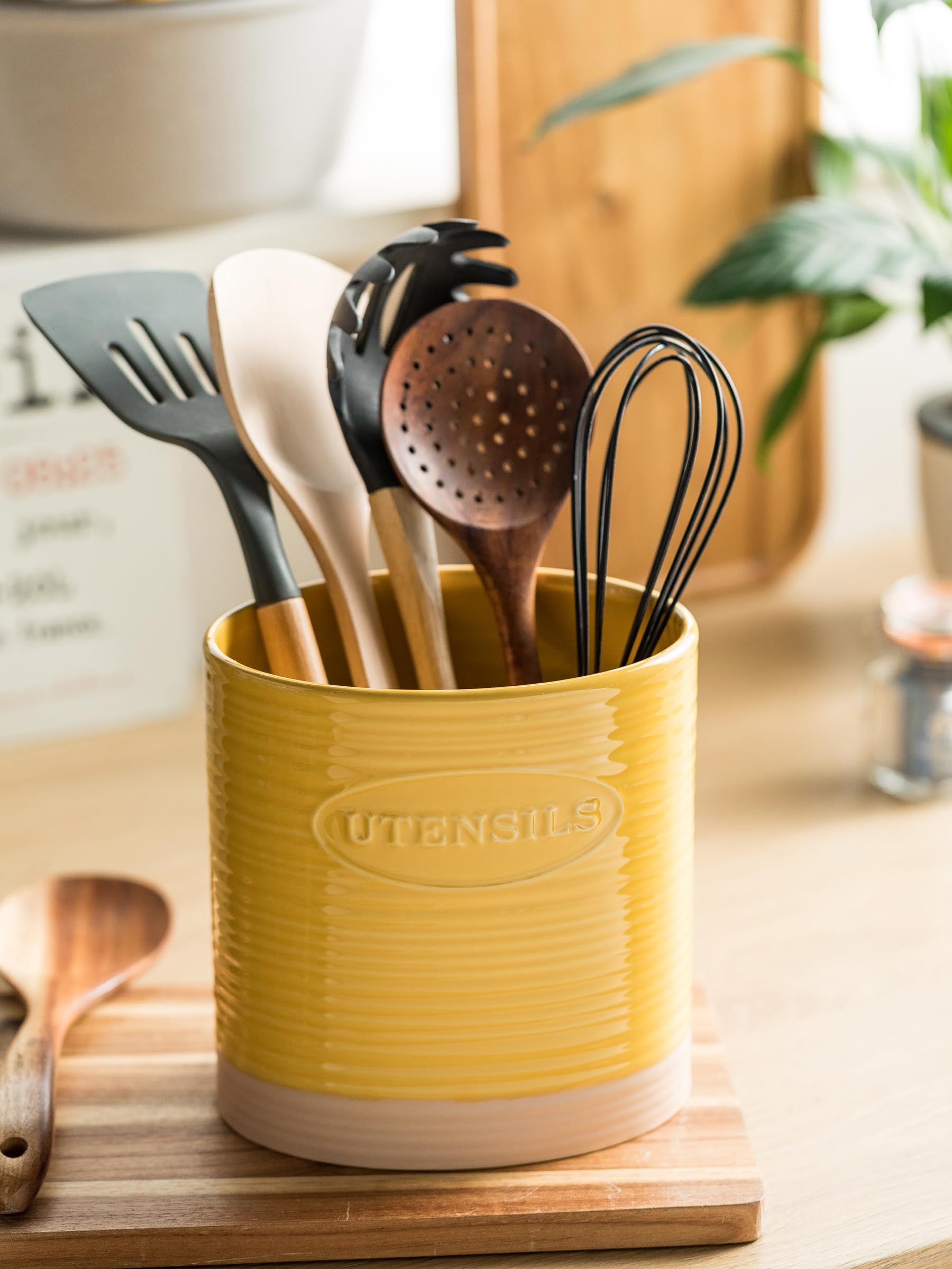 Premium Ceramic Kitchen Utensil Holder - Large Oval Countertop Organizer for Cooking Tools (Yellow) | Perfect for Storing Spoons, Spatulas & Utensils by Stove or Sink