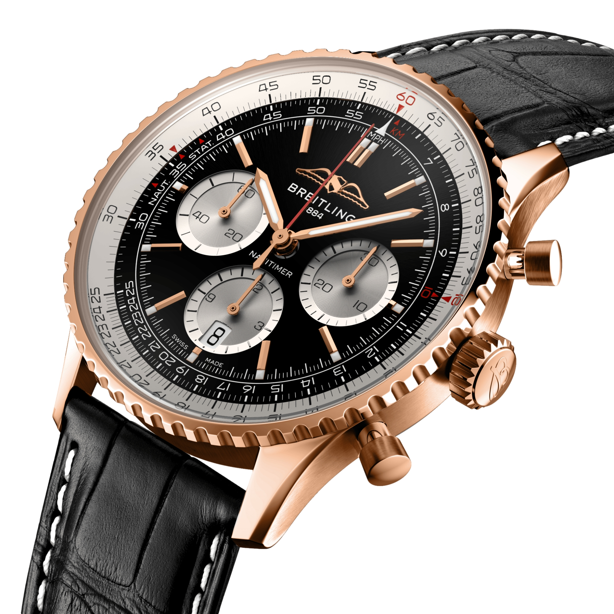 Breitling Navitimer B01 Chronograph 18k Rose Gold 43mm Men's Watch with Black Leather Strap - Luxury Pilot Watch for Aviation & Business Professionals