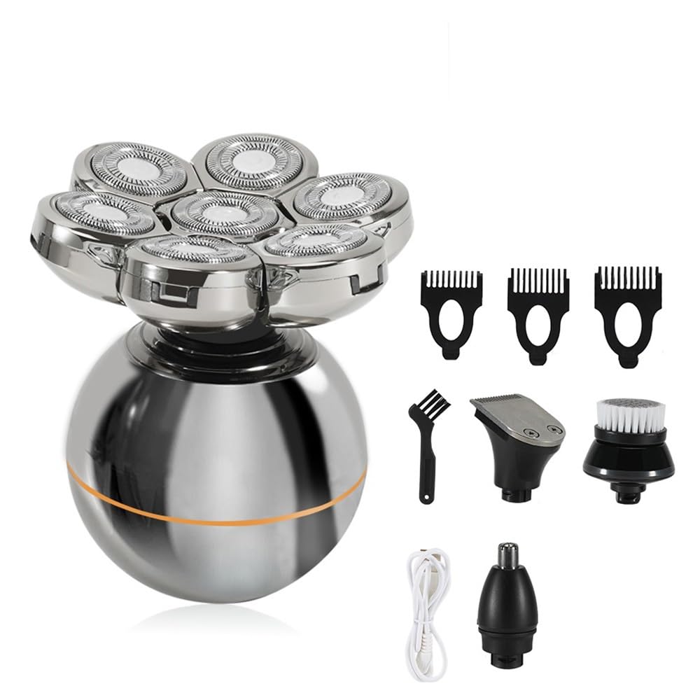 4-in-1 Electric Head Shaver for Men - Rechargeable Bald Shaving Machine with 7 Blades, Body & Beard Trimmer, Silver Grooming Kit | Perfect for Head Shaving, Facial Hair & Body Grooming at Home or Travel
