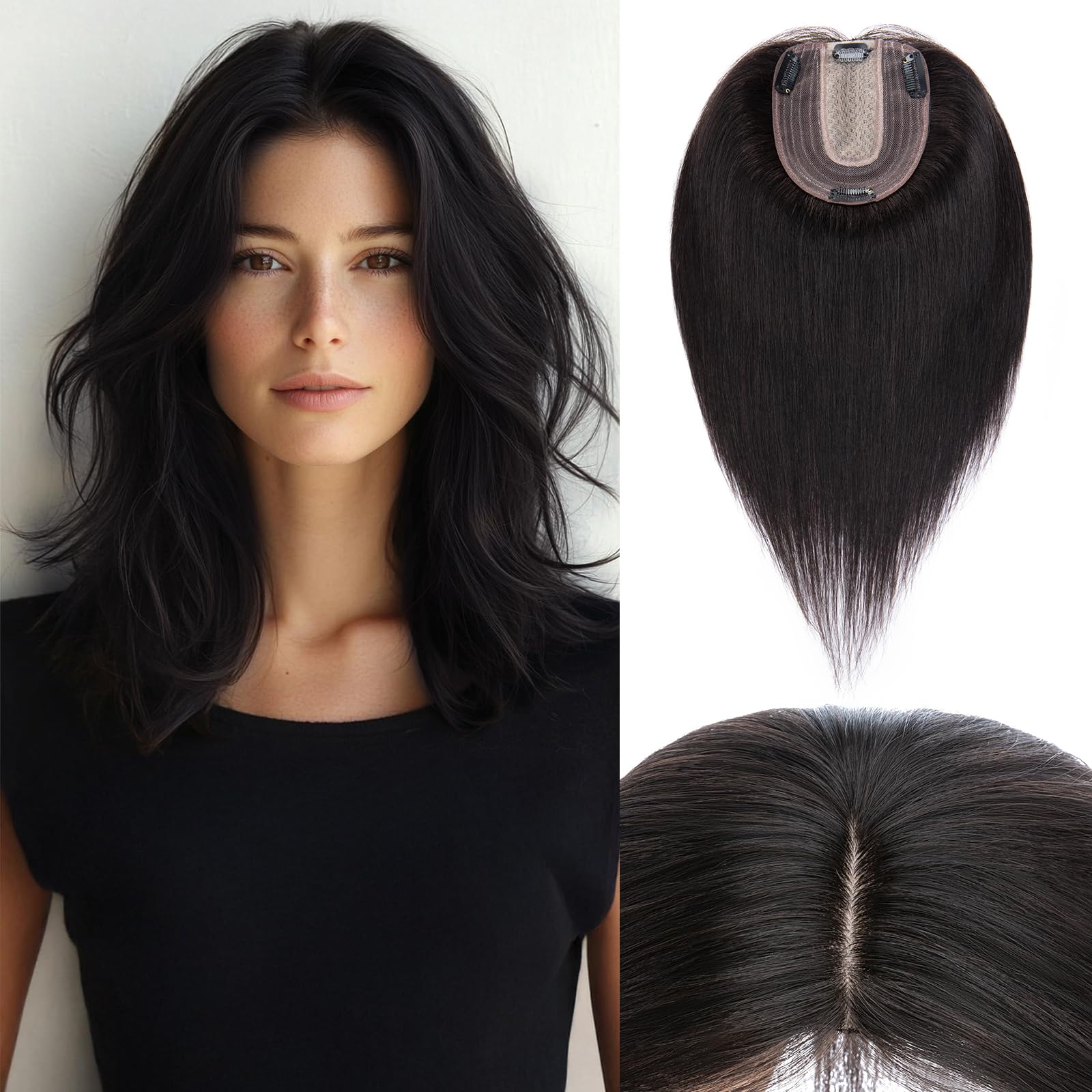100% Human Hair Toppers for Women - Remy Clip-In Hair Topper with Silk Base for Thinning Hair | 14 Inch #1B Natural Black | Perfect for Daily Wear, Special Occasions & Hair Loss Solutions