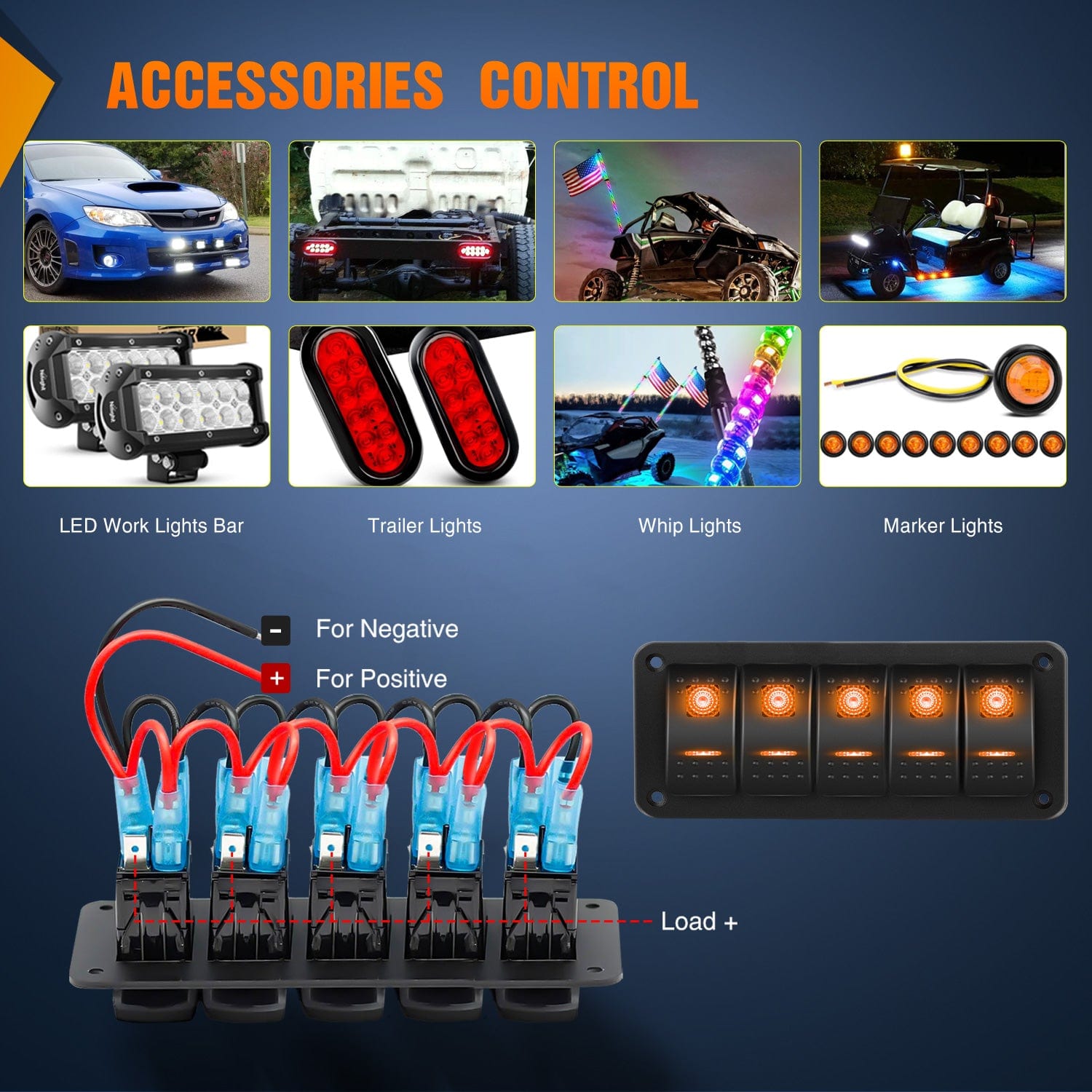 5 Gang Aluminum 5 Pin ON/Off Rocker Switch Panel with Orange LED - Perfect for Marine, RV, Truck, and Automotive Electrical Control Systems