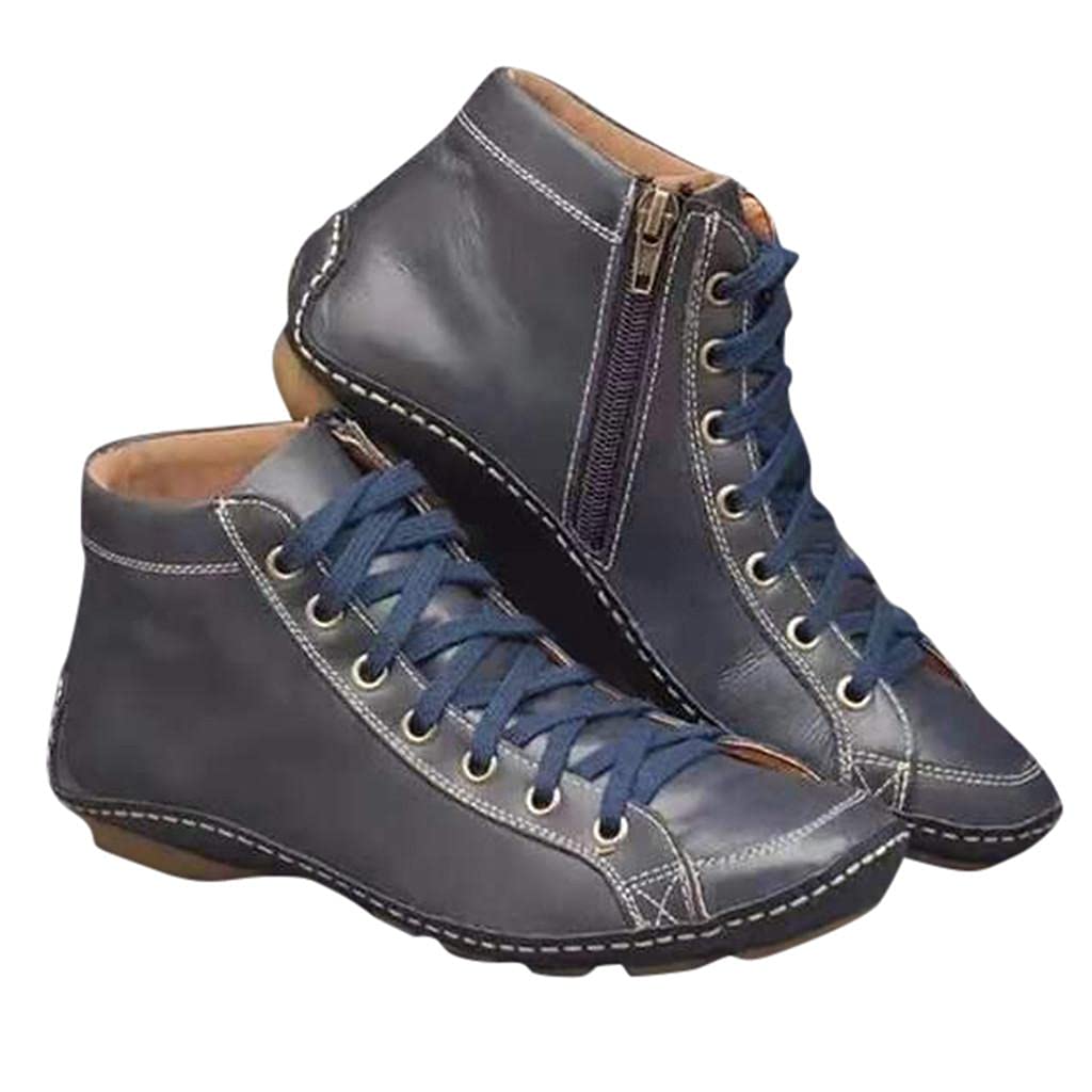 Women's Chunky Heel Ankle Booties - Low Heel Lace Up Side Zip Faux Leather Boots for Casual Wear & Office Outfits | AODONG