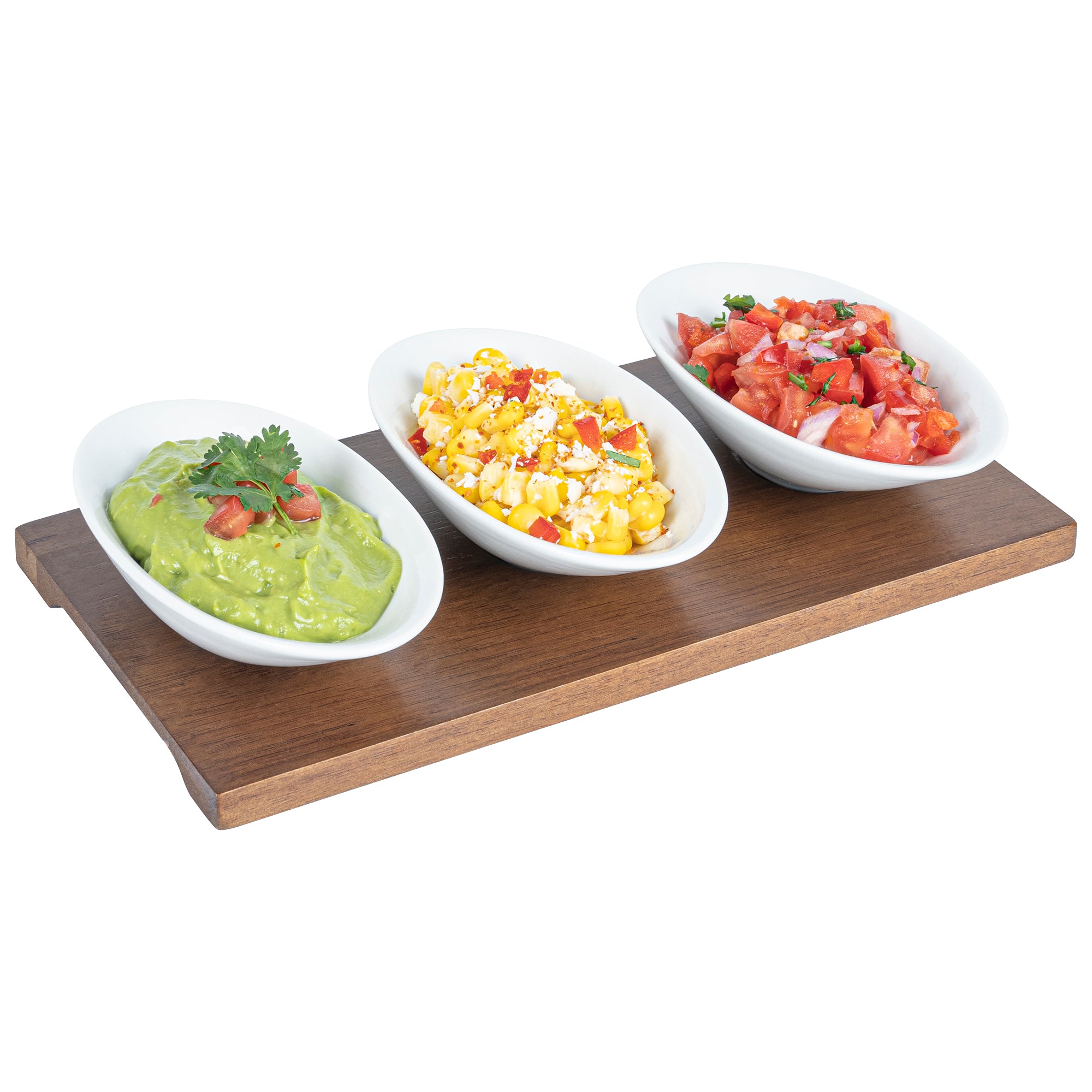 Premium 9 oz White Porcelain Rectangular Ellipse Bowls Set of 3 with Bamboo Tray - 10.25