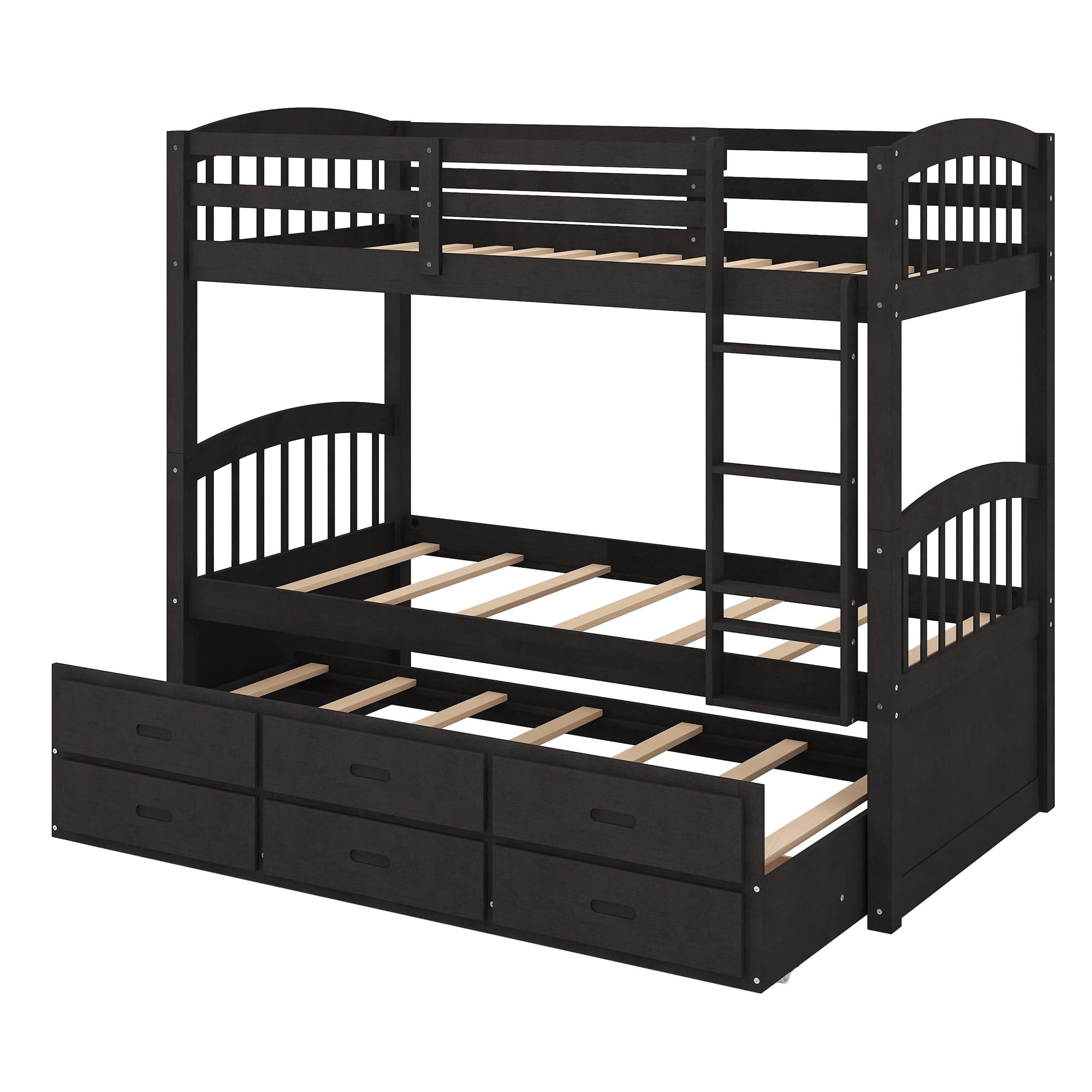 P PURLOVE Twin Over Twin Wood Bunk Bed Frame with Trundle & 3 Drawers - Sturdy Espresso Bunk Beds for Kids, Teens, Boys & Girls - Perfect for Small Bedrooms, Guest Rooms & Vacation Homes