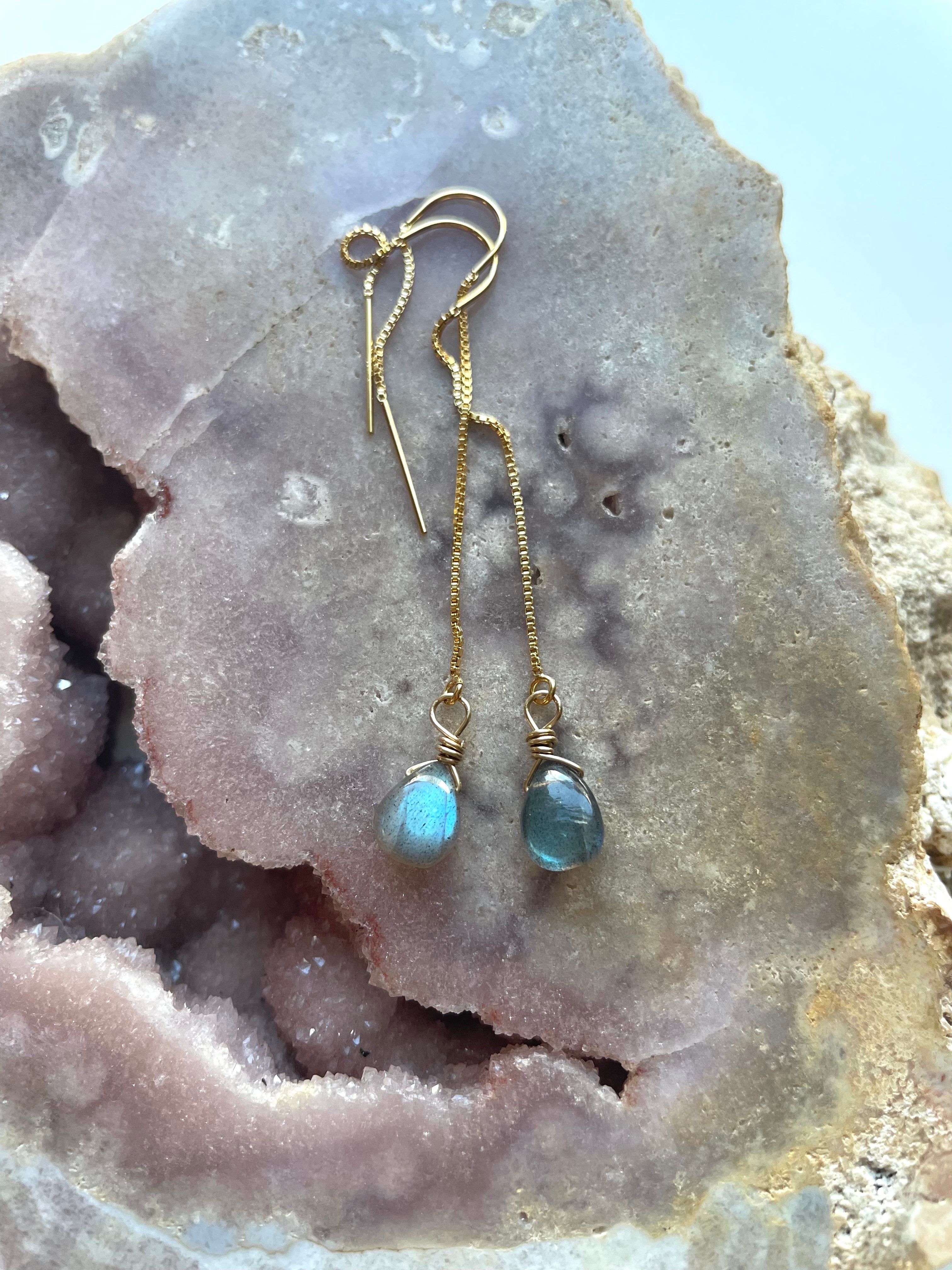Tiny Labradorite Drop Threader Earrings - Dainty Gemstone Studs for Women | Perfect for Everyday Wear, Gifts & Boho Jewelry