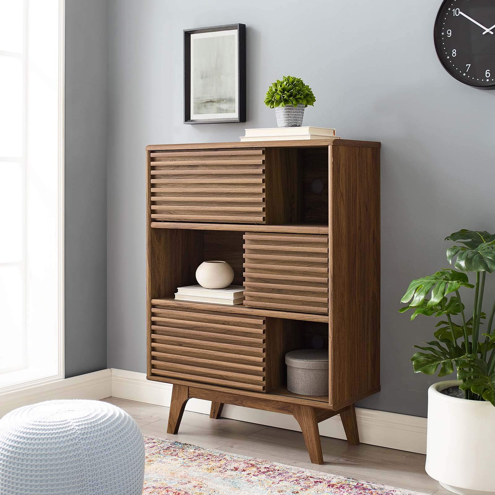 Modern Wooden Living Room Cabinet - Natural Walnut Brown Stand for Lounge, Club & Lobby - Stylish Storage Solution for Home & Office Decor