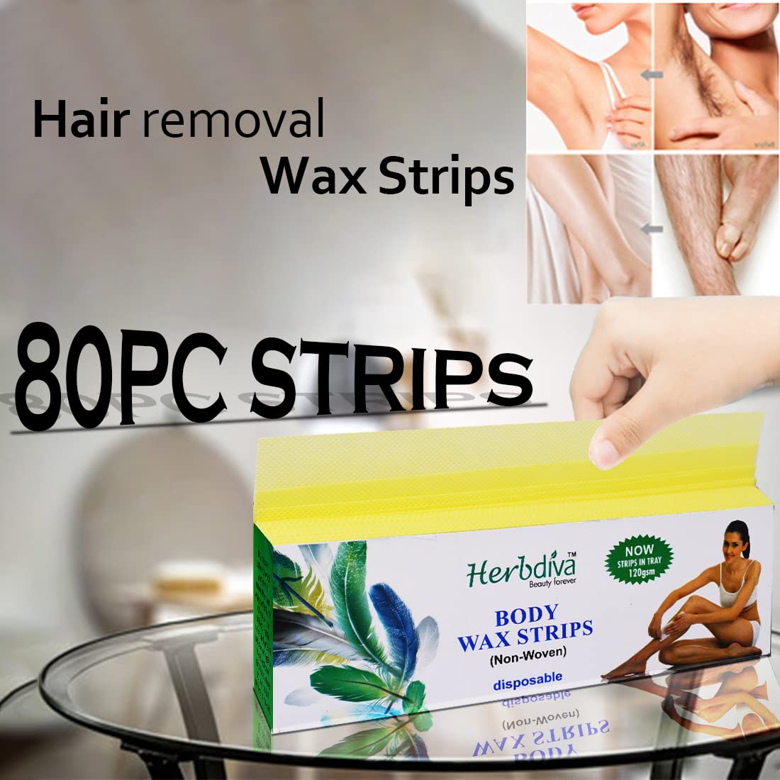 Herbdiva Body Wax Strips Hair Remover - 80 Pcs Disposable Waxing Strips with 120gsm Non-Woven Fabric for Smooth Skin | Perfect for Legs, Arms, Bikini & Facial Hair Removal at Home or Salon
