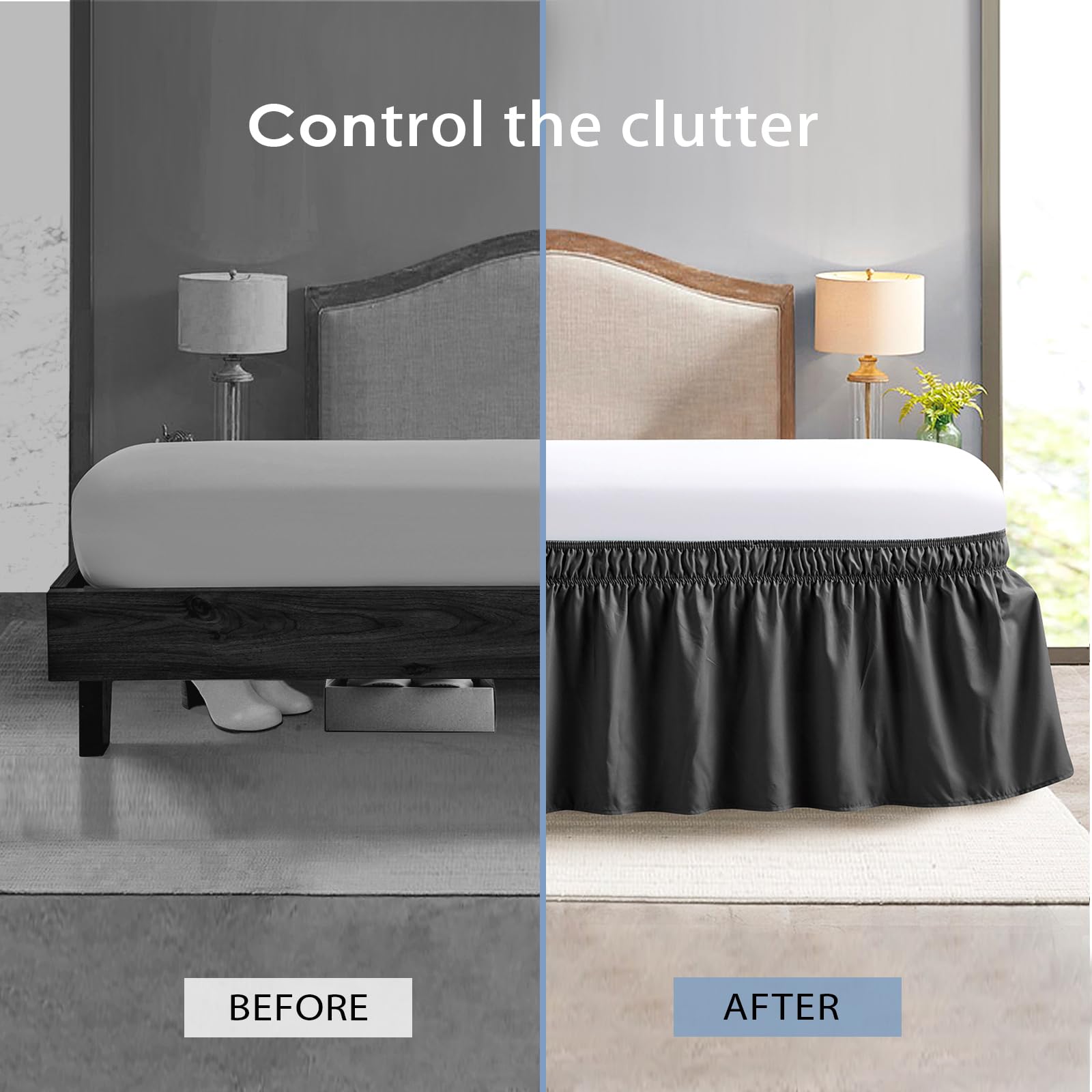 FreshCulture Queen Size Elastic Wrap Around Bed Skirt - 15-Inch Tailored Drop Dust Ruffle for Adjustable Beds | Hotel Quality Black Bed Skirt for Luxurious Bedroom Decor & Guest Room Styling
