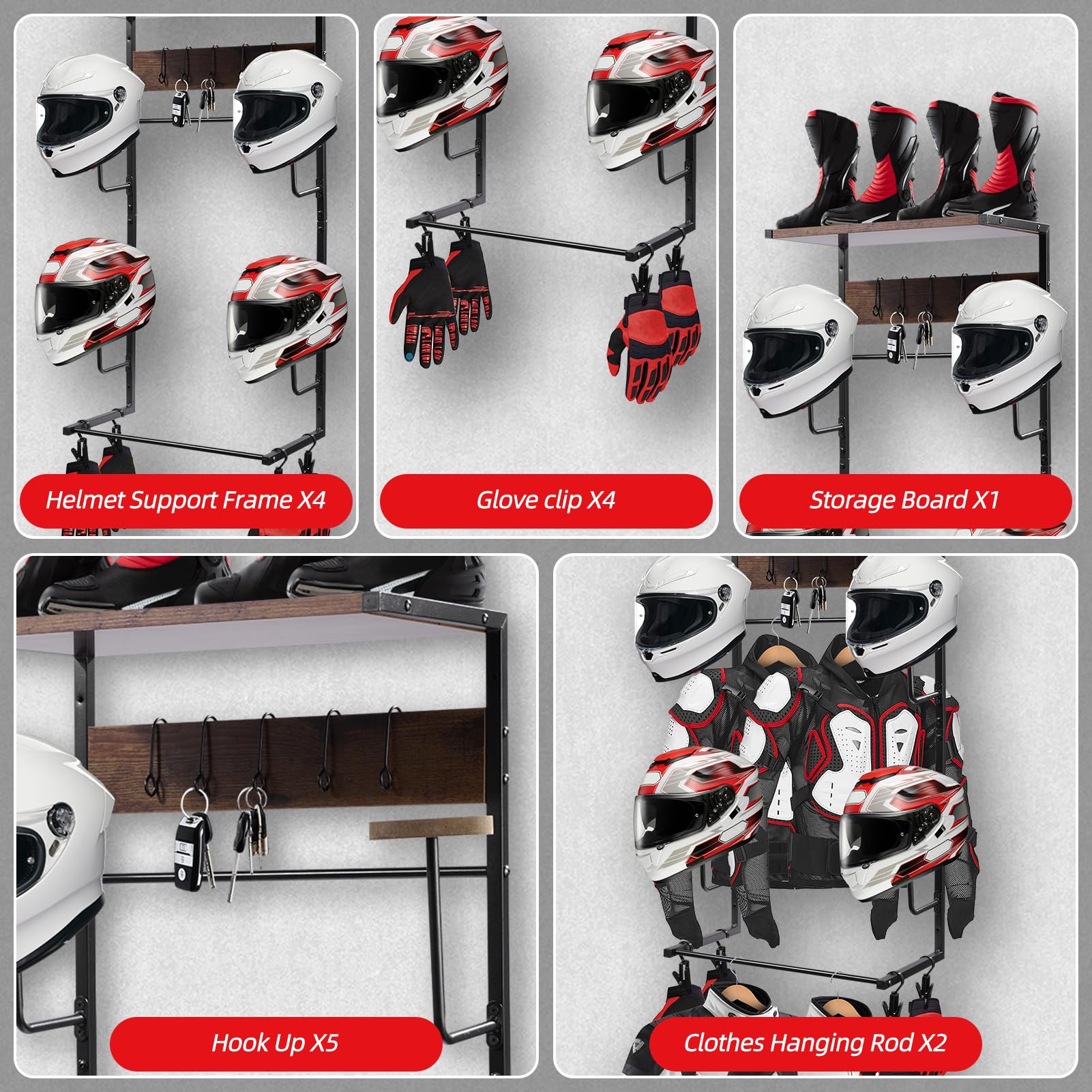 Motorcycle Helmet Wall Mount with Rack & Hooks - Garage Storage Solution