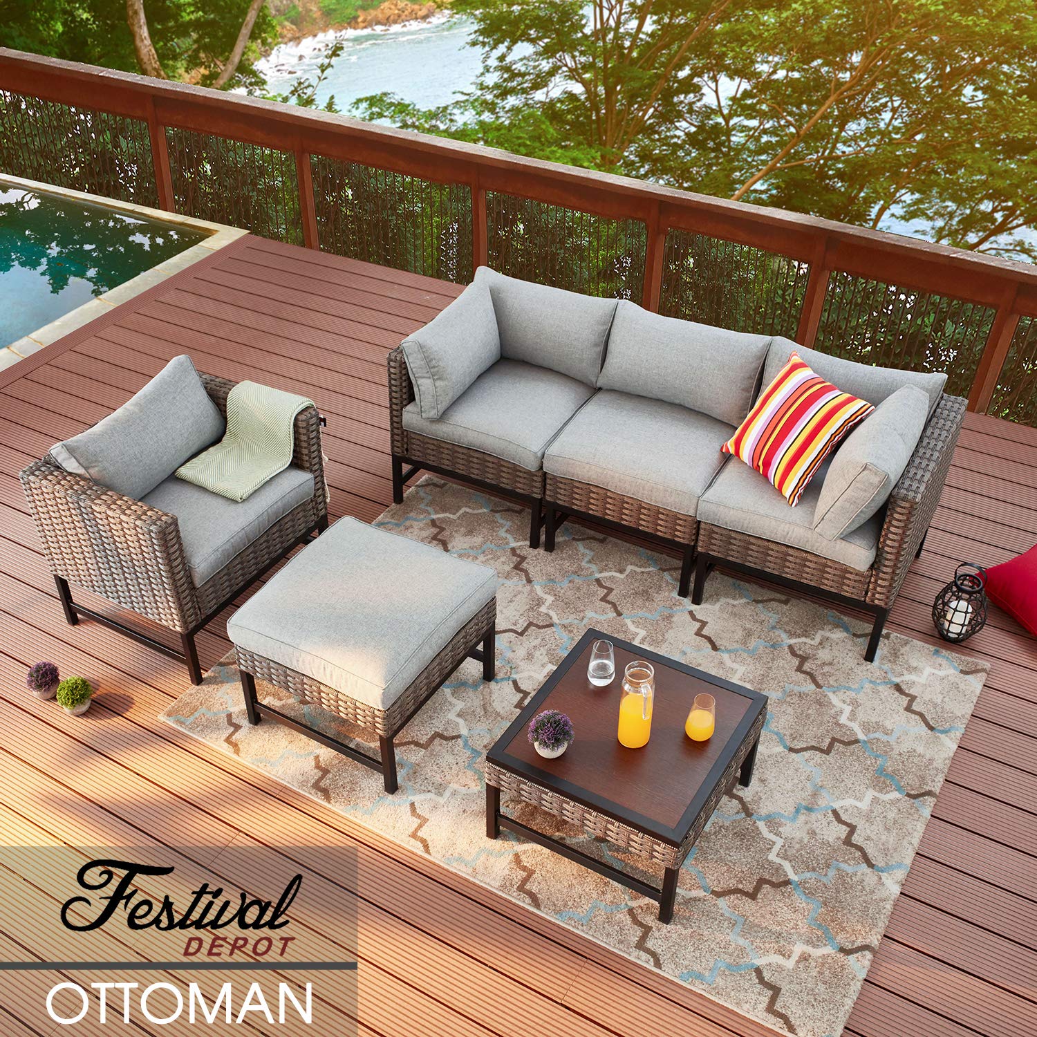 Festival Depot All-Weather Square Wicker Patio Ottoman with Cushion - Outdoor Metal Frame Footstool for Garden, Yard & Lawn - Perfect for Relaxing by the Pool or Entertaining on the Deck