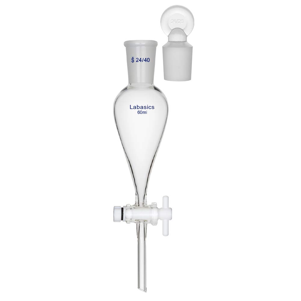 Labasics 60ml Borosilicate Glass Conical Separatory Funnel with PTFE Stopcock - Premium Lab Equipment for Chemical Extraction, Liquid Separation & Essential Oil Distillation (Perfect for Chemistry Labs, Home Brewing & DIY Essential Oils)