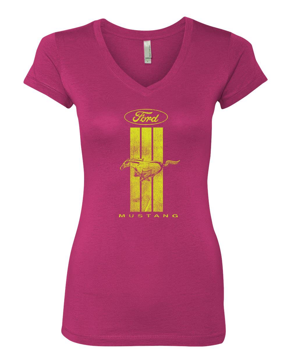 Women's Junior Fit V-Neck T-Shirt with Green Striped Ford Mustang Design - Casual Graphic Tee for Car Enthusiasts, Perfect for Daily Wear, Road Trips & Car Shows