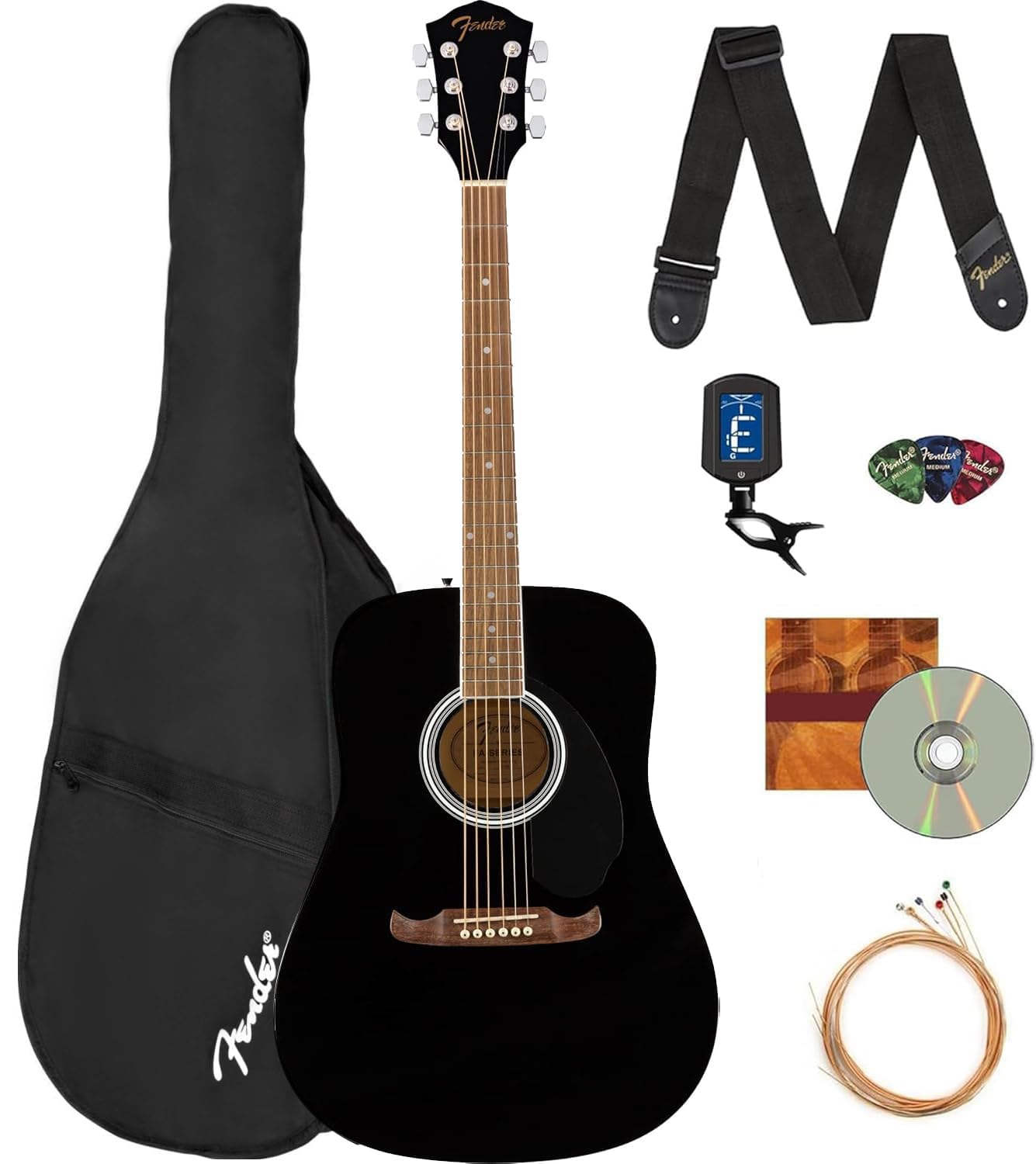 Fender FA-125 Dreadnought Acoustic Guitar Bundle - Black with Gig Bag, Tuner, Strap, Strings, Picks & Instructional DVD | Perfect for Beginners, Campfire Jams & Home Practice