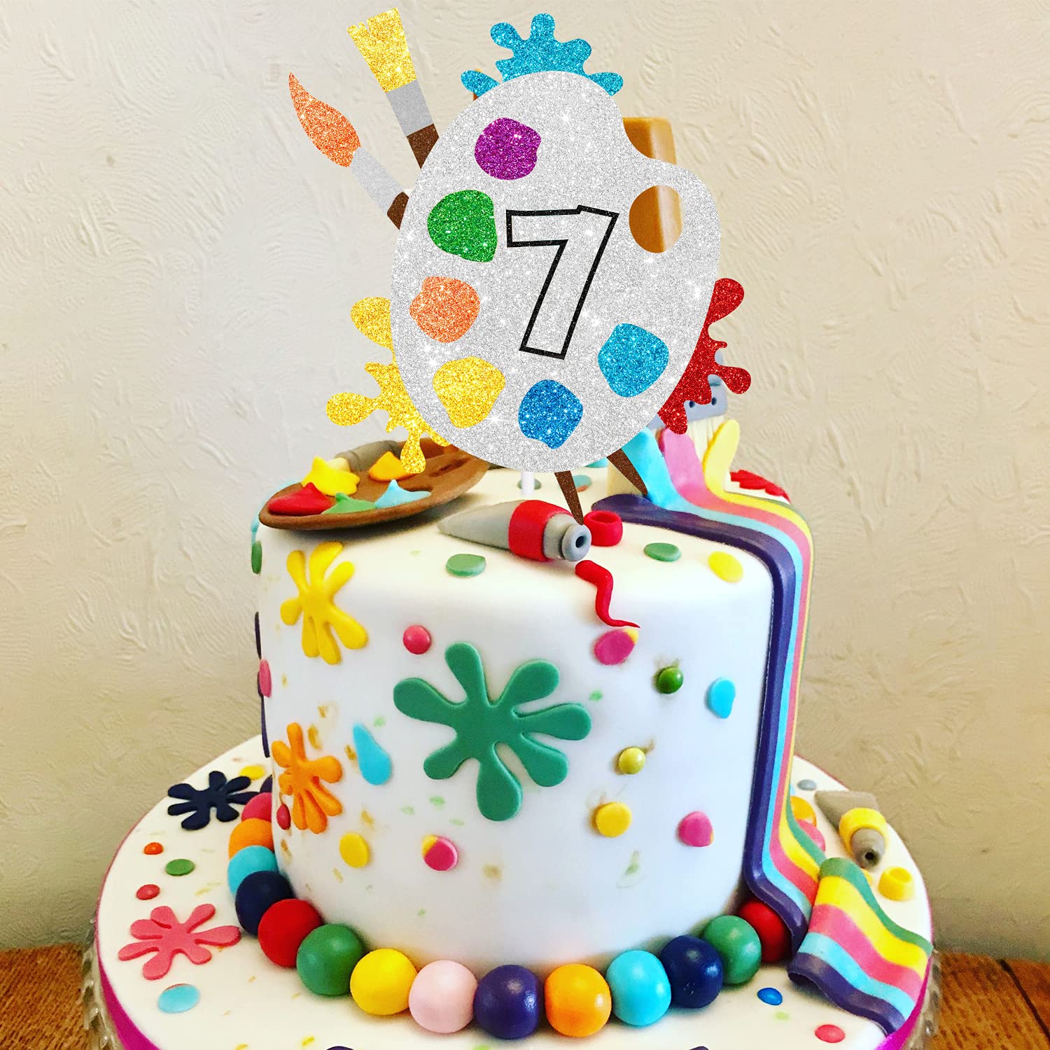 7th Birthday Slime Cake Topper - Artistic Palette Painting Graffiti Design for Boys & Girls - 7 Years Old Party Decorations - Perfect for Birthday Cakes, Cupcakes, and Dessert Tables
