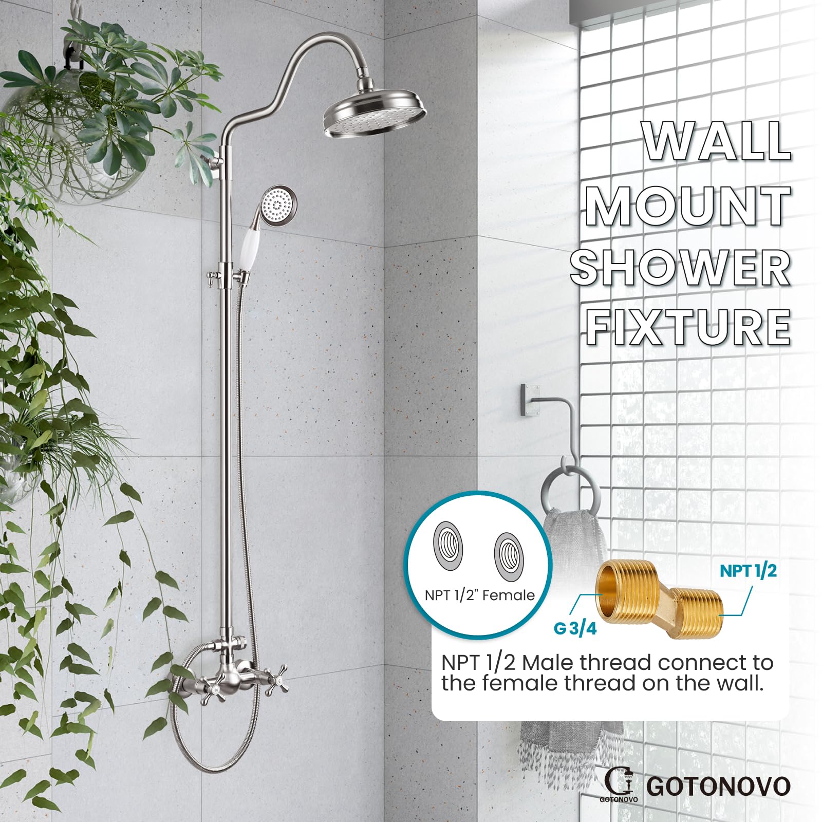 Luxury 8 Inch Wall Mount Rainfall Shower System - Brushed Nickel Exposed Shower Faucet Set with Adjustable Arc Rod & Handheld Spray - Perfect for Modern Bathrooms & Spa-Like Experience