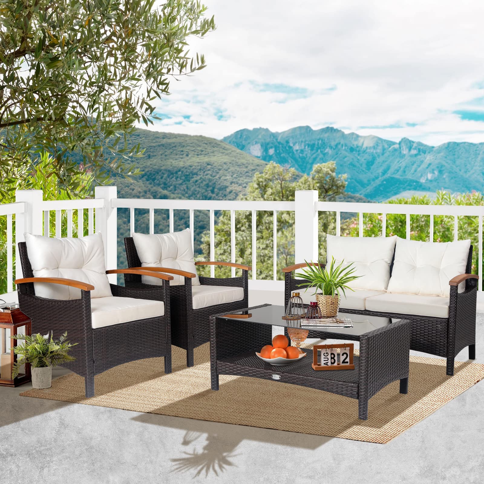 HAPPYGRILL 4-Piece Outdoor Patio Furniture Set - Rattan Sectional Sofa with Soft Cushions & Coffee Table, Wicker Conversation Set with Acacia Wood Armrests - Perfect for Poolside, Garden, Backyard, Deck & Patio Relaxation