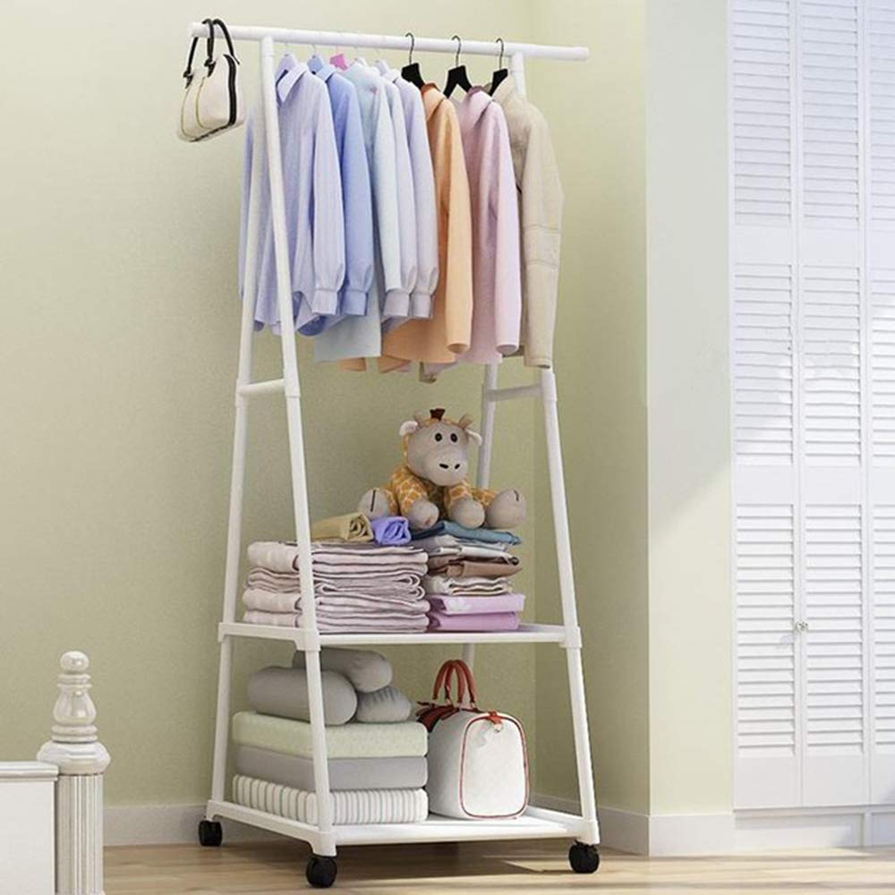 JHDPHd Standing Wardrobe Clothes Rack with Wheels - Adjustable Clothing Storage Shelf for Bedroom, Closet & Laundry Room - White Freestanding Garment Hanger Organizer (158x42x55cm) - Perfect for Small Spaces & Apartment Living