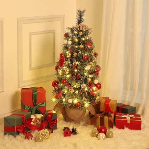 GARVEE 3ft Pre-Lit Flocked Mini Christmas Tree with 70 Warm White LED Lights - Artificial Tabletop Small Holiday Tree with Decorative Burlap Base - Perfect for Home, Office, and Christmas Party Decorations