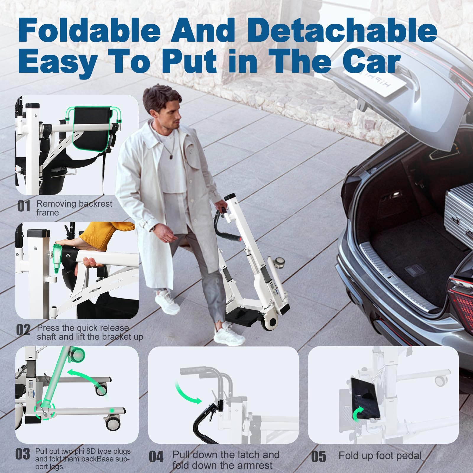 Electric Patient Lift Transfer Chair with Dining Board - Height Adjustable Bathroom Wheelchair for Home Use - Foldable Design Supports 220lbs - Ideal for Elderly Care & Mobility Assistance