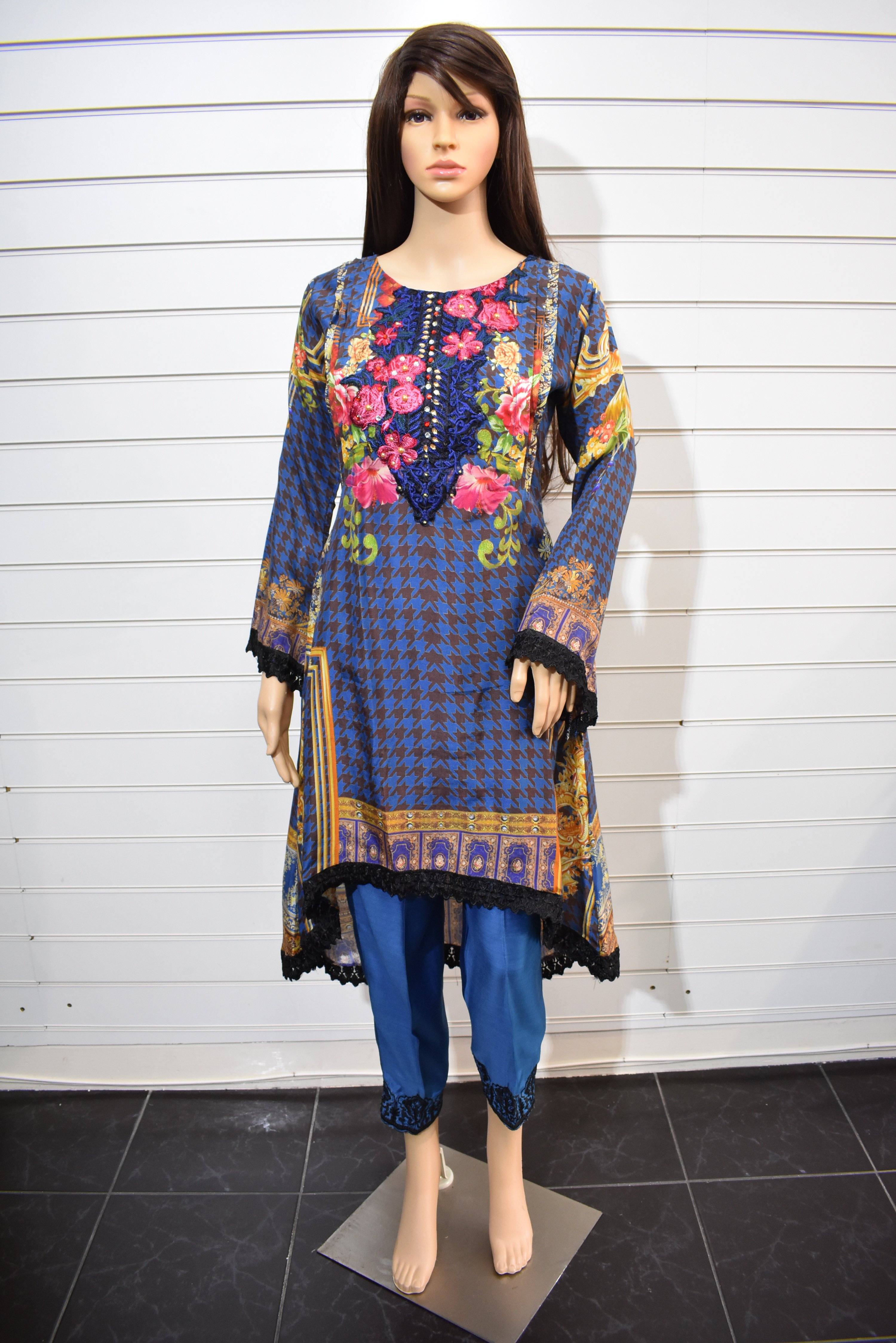 Elegant Blue Silk Digital Print Dipped Hem Outfit with Fully Embroidered Trousers | Women's Luxury Evening Wear for Parties & Special Occasions