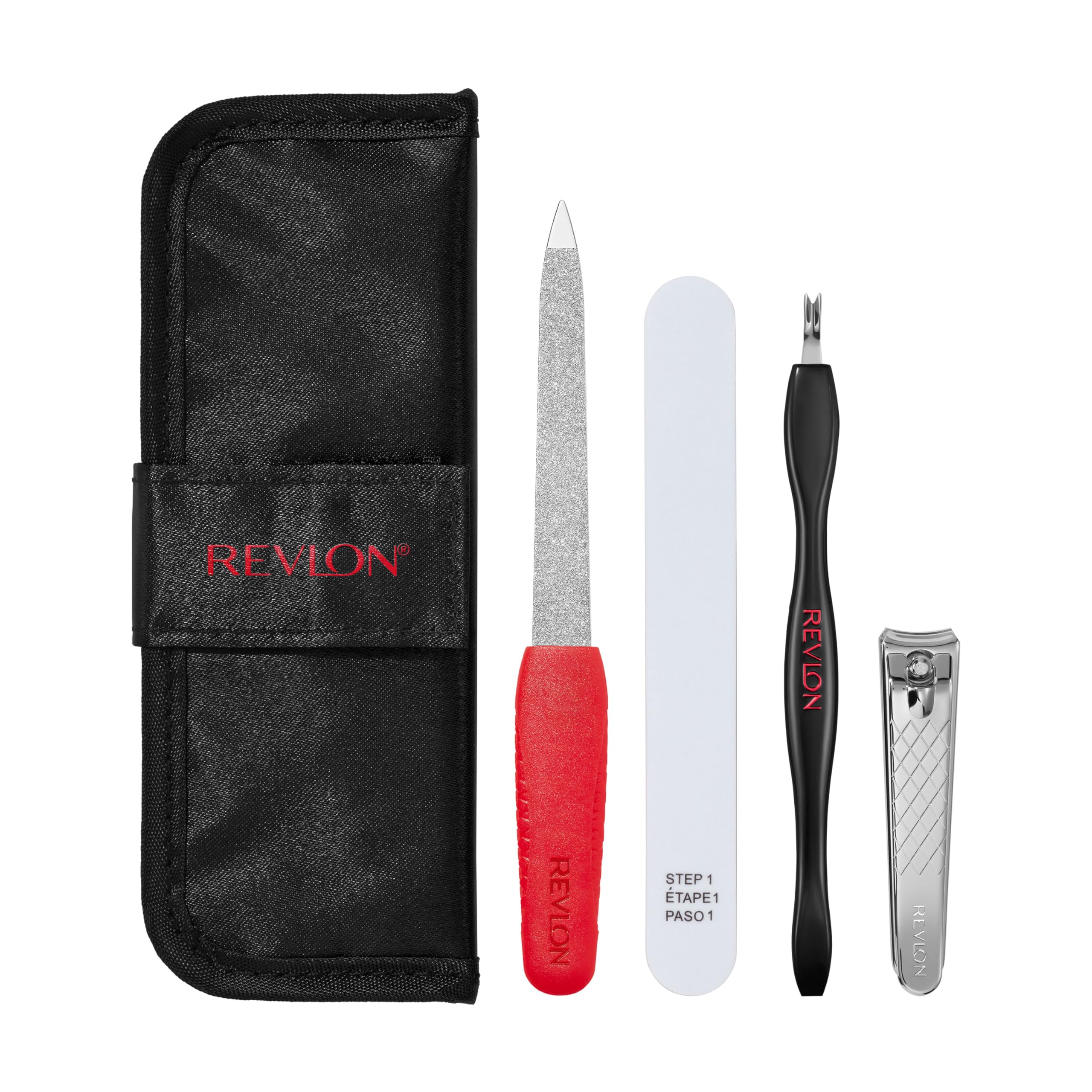 Revlon Manicure Essentials Kit with Travel Case - Nail Care Set with Dual Ended Cuticle Trimmer, Curved Blade Clippers, Compact Emery File & Buffer (Pack of 1) - Perfect for Home Nail Care, Travel & Salon Use