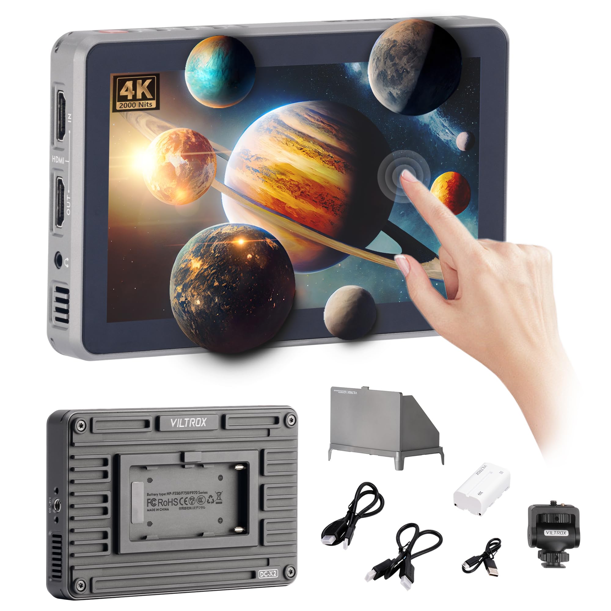 VILTROX DC-X2 6 Inch Touchscreen 4K HDMI Camera Field Monitor - 2000 Nits High Brightness, Battery Powered with Sunshade Hood, 3D LUT & Peaking Focus Assist - Professional DSLR Video Monitor for Outdoor Photography & Film Making