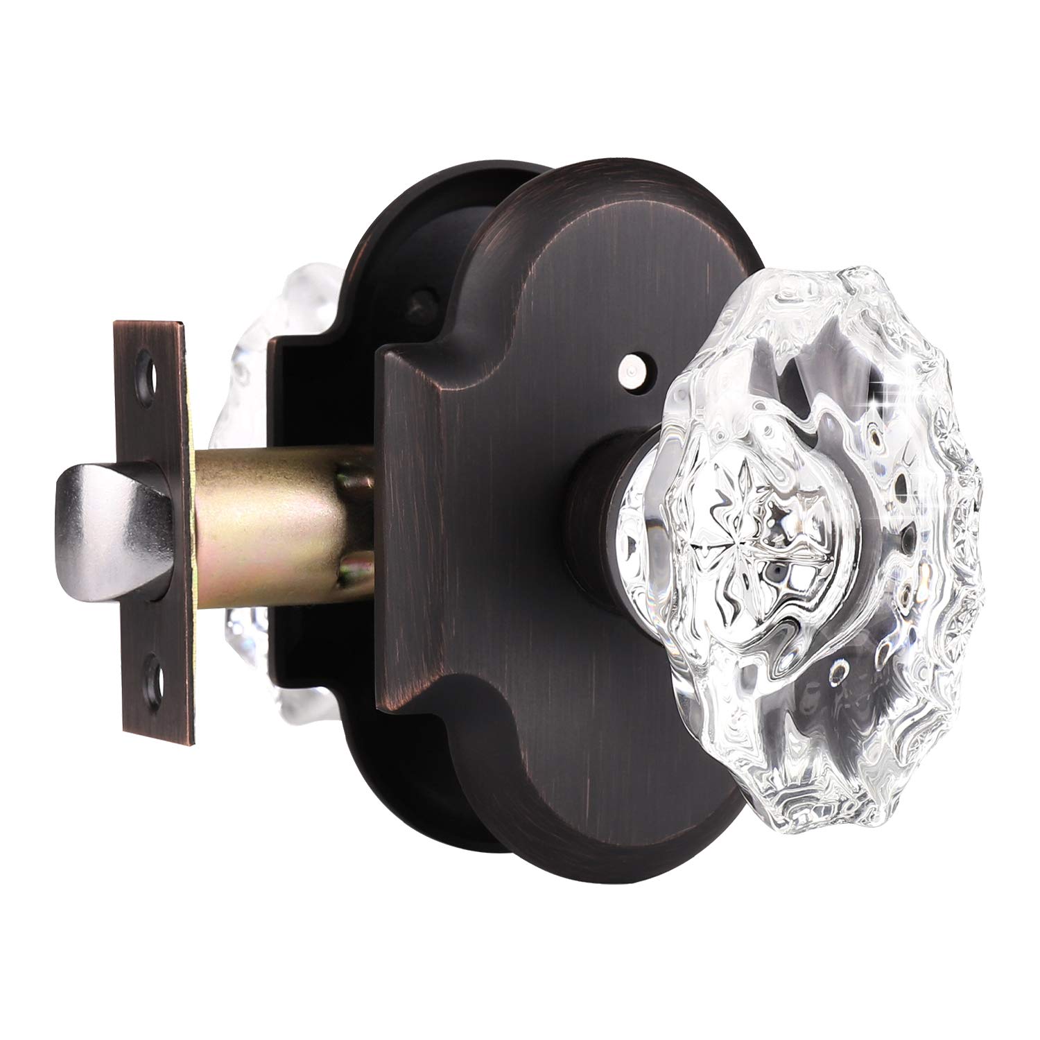 **KNOBWELL Clear Crystal Door Knob with Vintage Plate Rosette - Privacy Interior Glass Door Knob for Bedroom & Bathroom - Keyless Lock - Oil Rubbed Bronze Finish - Perfect for Vintage & Modern Home Decor**