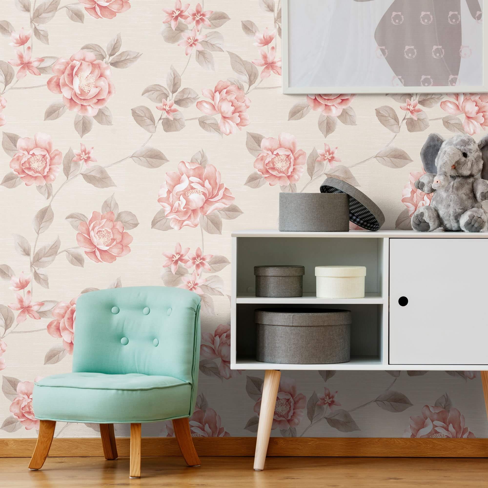 Pink and Beige Floral Peel and Stick Removable Wallpaper 0533 - Self-Adhesive Wall Decor for Bedroom, Nursery, Living Room & Office
