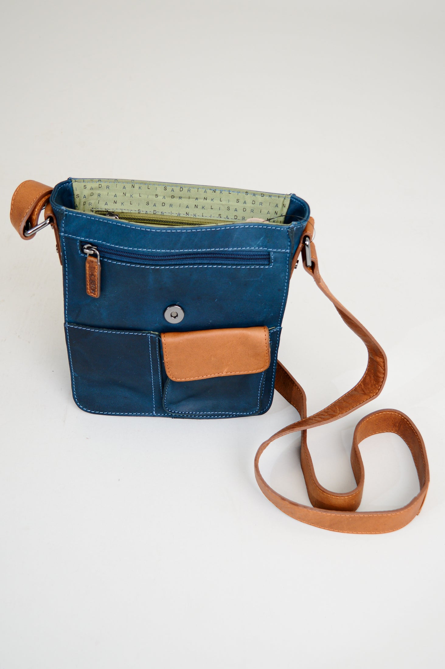 Premium Buffalo Leather Adrian Klis 1728 Bag in Blue & Tan - Stylish Durable Crossbody Bag for Work, Travel & Everyday Use