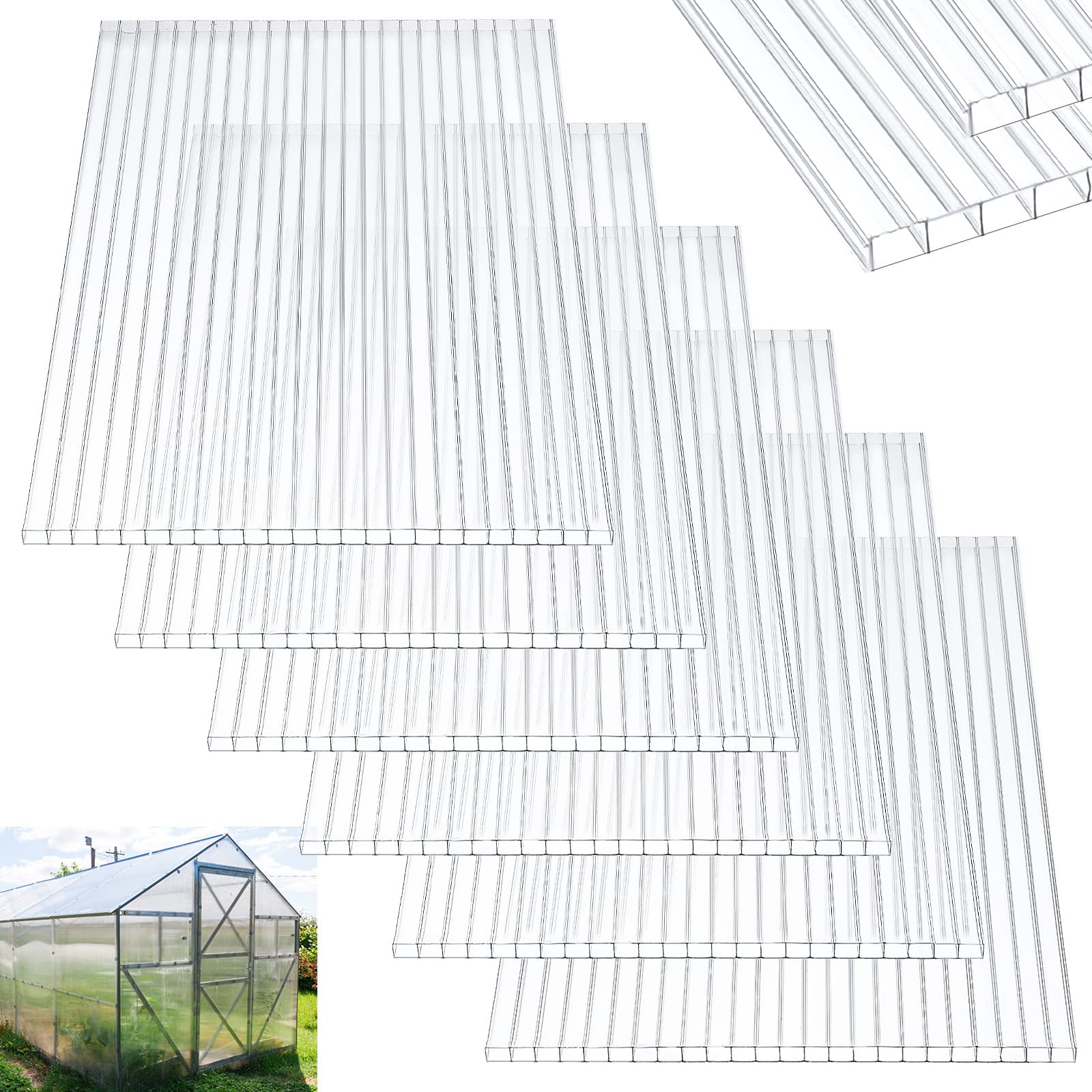 Tatuo 12 Pack 6' x 2' x 0.24'' Clear Polycarbonate Greenhouse Panels - Twin-Wall UV Protected Waterproof Roofing Sheets for Greenhouse Replacement - Perfect for DIY Garden Sheds, Patio Covers & Plant Protection