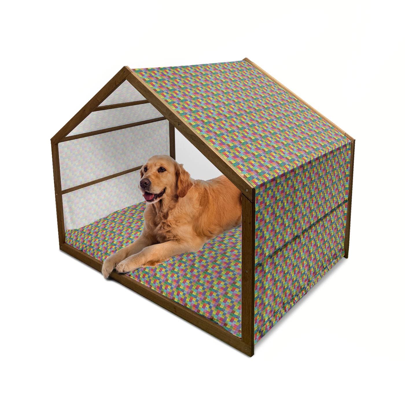 Ambesonne Pop Art Dog House - Warhol-Inspired Colorful Hearts & Squares Retro Design, Indoor & Outdoor Portable Pet Kennel with Pillow & Cover, X-Large, Multicolor - Perfect for Modern Homes & Backyards