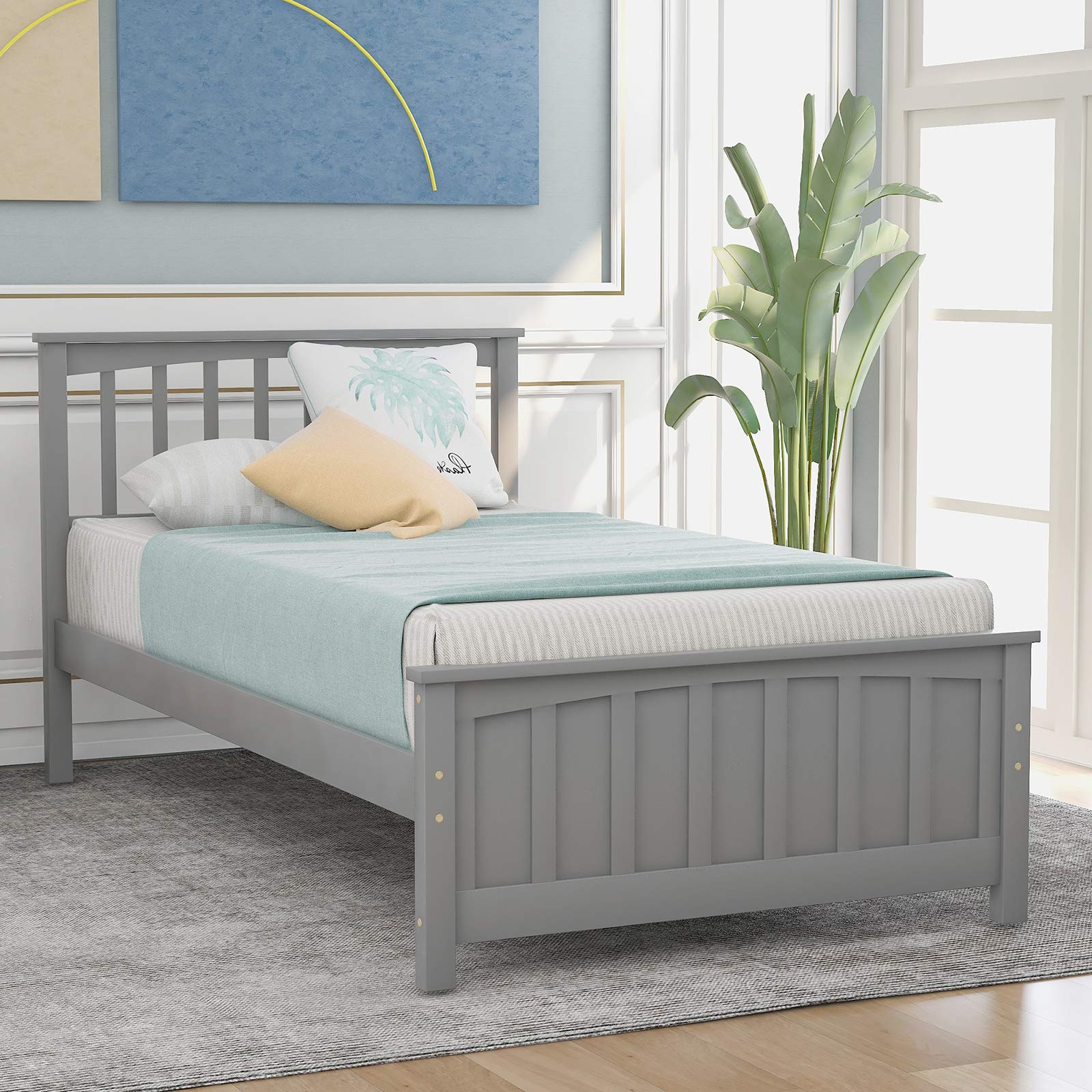 Harper & Bright Designs Twin Size Wooden Platform Bed Frame with Headboard & Wood Slats - No Box Spring Needed - Sturdy Kids Bed Frame in Grey - Perfect for Children's Bedrooms, Guest Rooms & Small Spaces