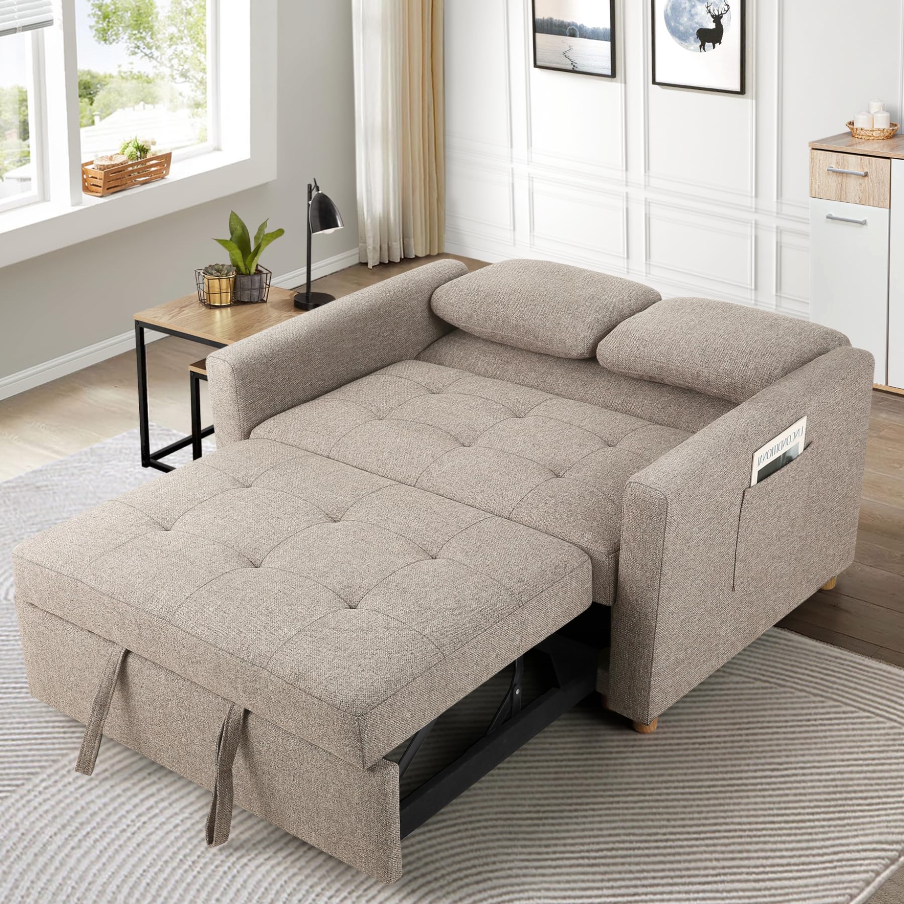 SEJOV 3-in-1 Convertible Sofa Bed with Linen Fabric - Pull Out Sleeper Couch, 49