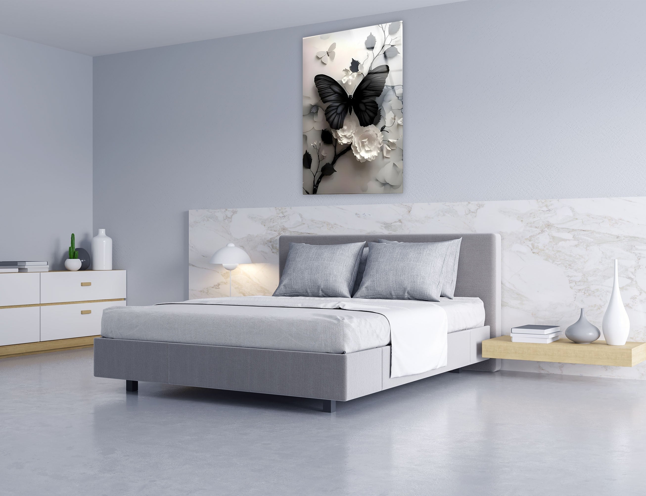 Elegant Black Butterfly & Floral Glass Wall Art - Handmade Decorative Panel for Living Room, Bedroom, or Office Decor