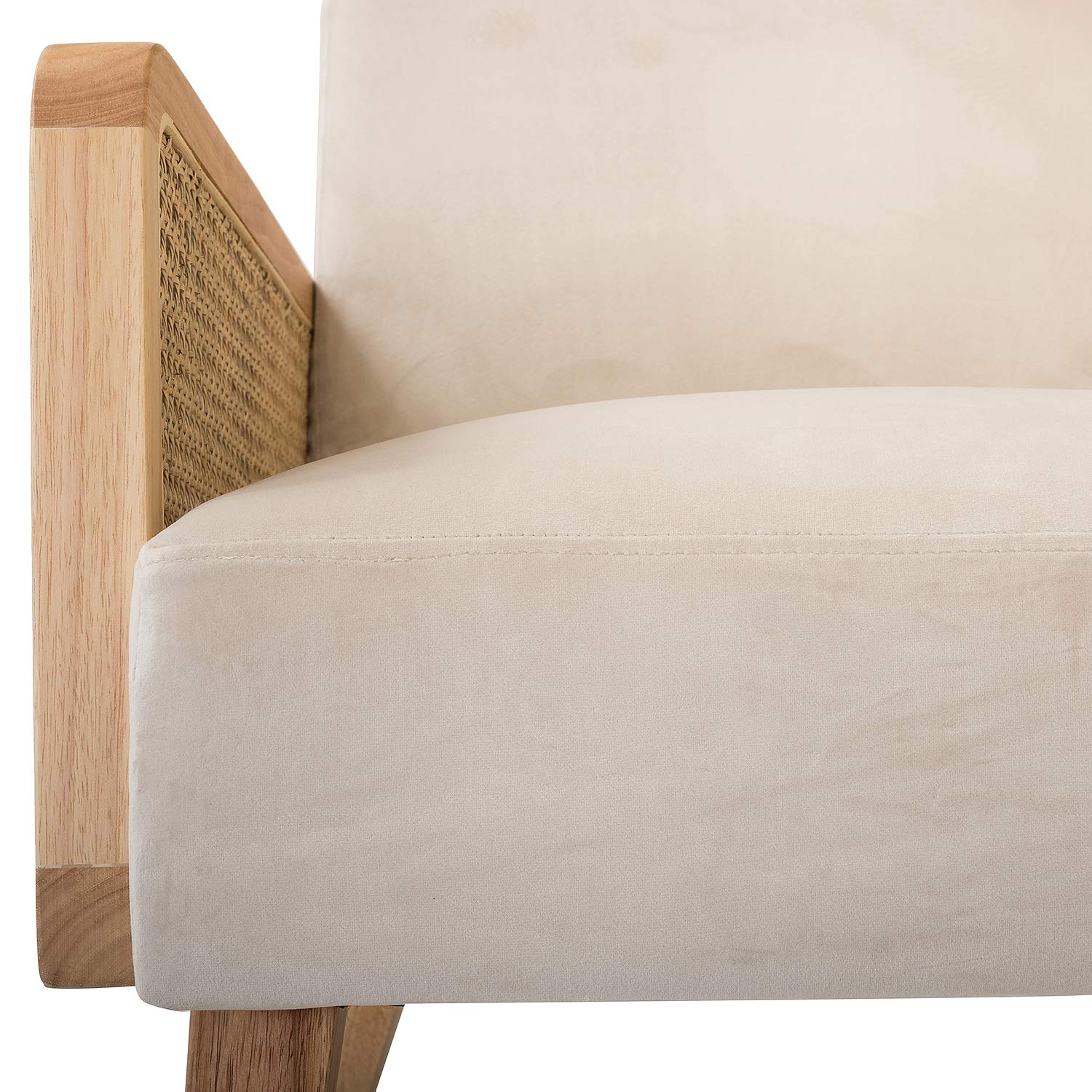 Mid Century Modern Accent Chair with Rattan Armrest & Wood Legs - Comfy Upholstered Lounge Armchair for Living Room, Bedroom, Reading Nook - Beige Home Decor | Perfect for Hosting Guests & Relaxing