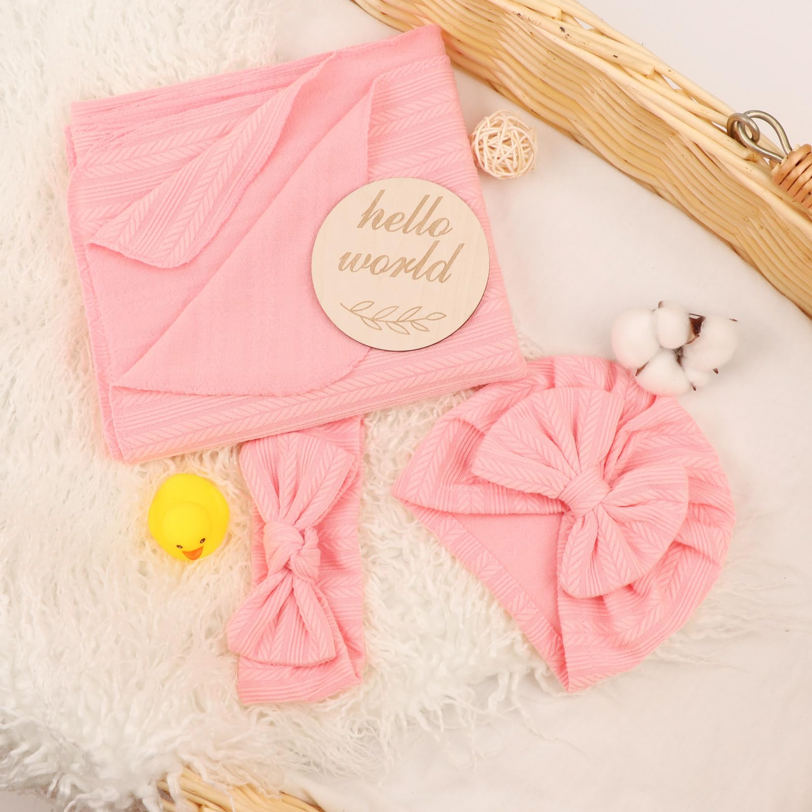 BQUBO 4PCS Baby Swaddle Blankets for Newborn Girls - Soft Cotton Receiving Blankets with Matching Hat & Bow Headband - Includes Hello World Wooden Birth Announcement Card - Perfect for Nursery, Photo Shoots & Baby Showers (Pink)