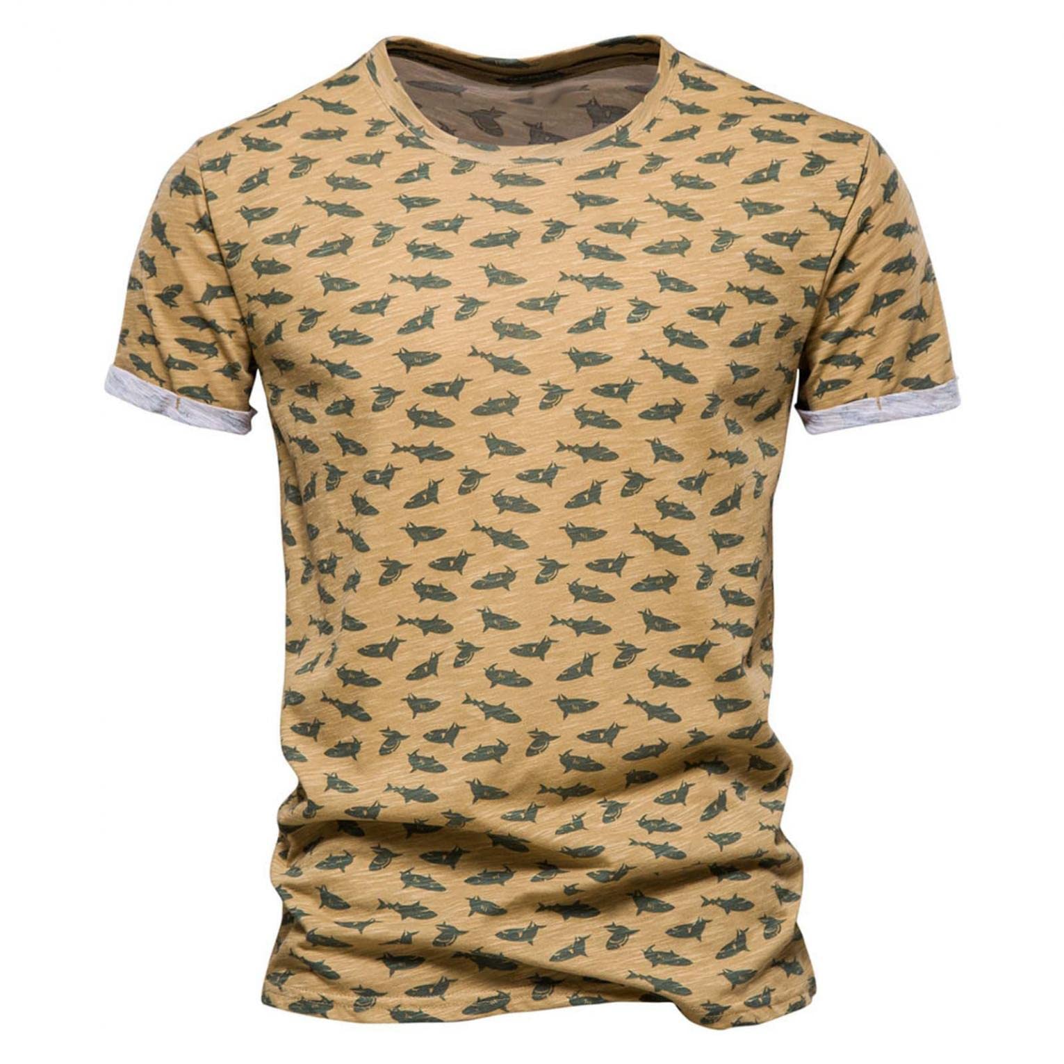Men's Shark Pattern Print Crew Neck Short Sleeve T-Shirt - Summer Vacation Sports Beach Top for Casual Wear and Outdoor Activities