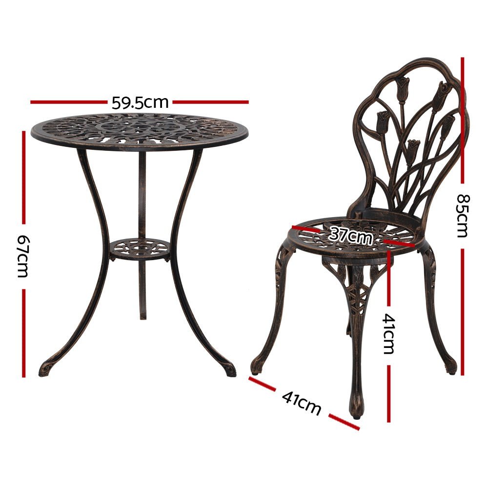 3-Piece Outdoor Bistro Set with Cast Aluminum Chairs & Table - Bronze Tulip Design - Perfect for Patio, Garden, and Balcony Dining