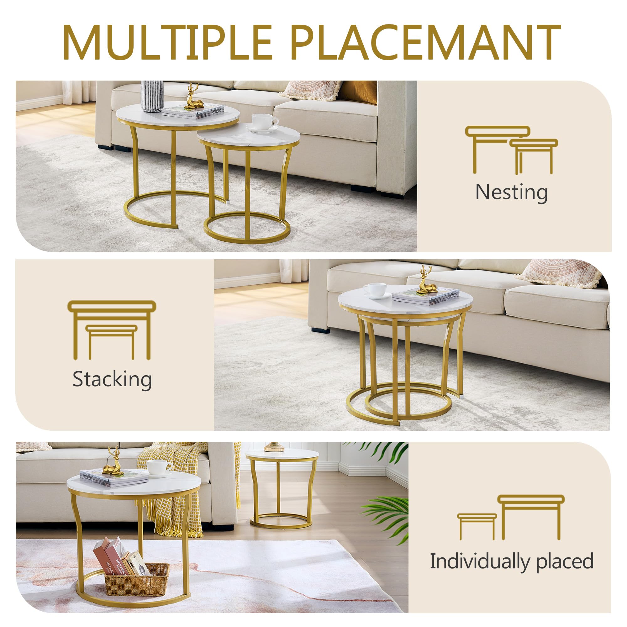 Hoctieon Round Nesting Coffee Tables Set of 2 - Wooden Table Top with Gold & White Finish - Modern Stacking End Tables for Living Room, Bedroom or Office - Perfect for Small Spaces and Stylish Home Decor