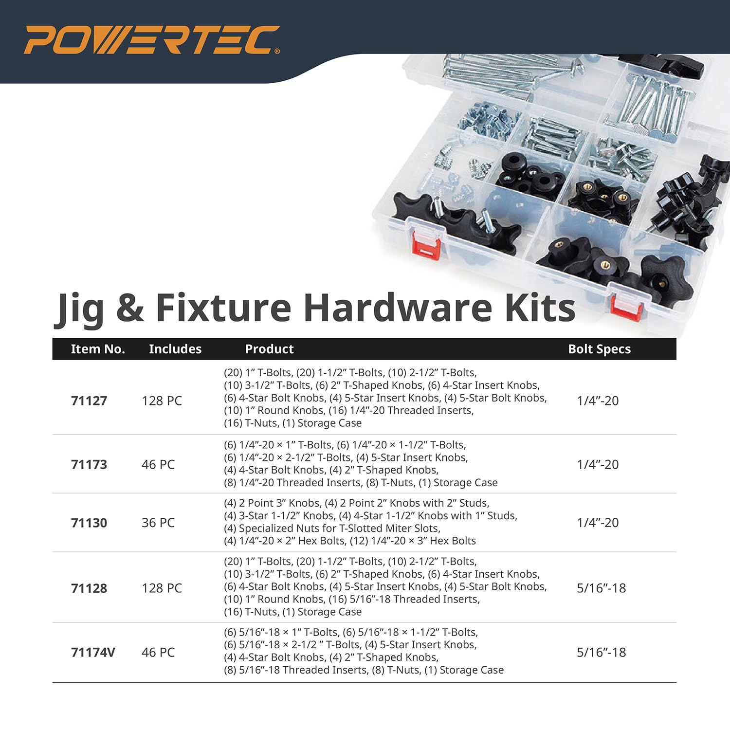 POWERTEC 71121V 16-Pc T Track Knob Kit for Woodworking Jigs & Fixtures - DIY Workshop Accessories