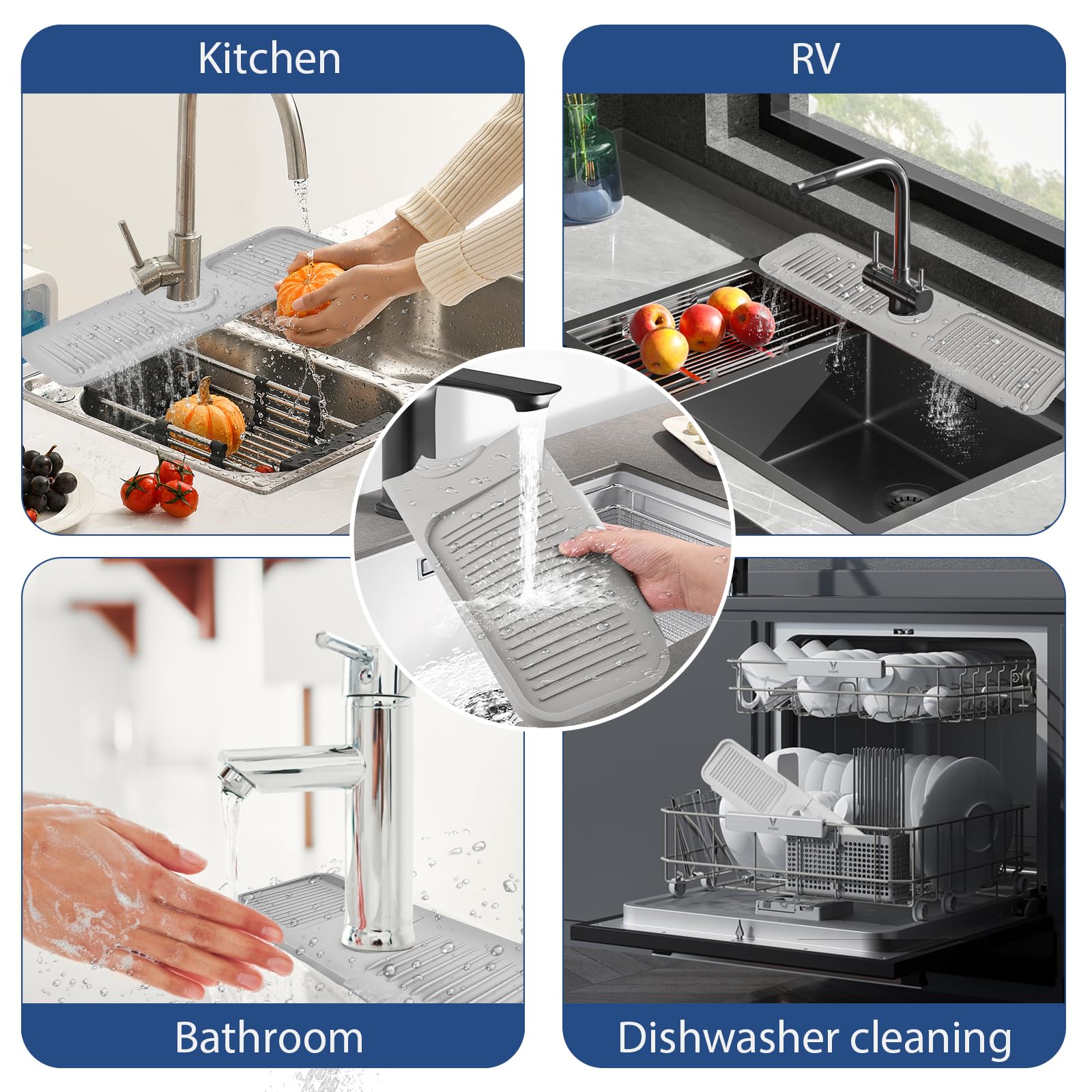Non-Slip Silicone Faucet Mat for Kitchen Sink - Dish Soap & Sponge Holder - Water Absorbent Drying Mat - Splash Guard for Kitchen Counter, Bathroom Sink - Perfect for Organizing and Protecting Your Sink Area