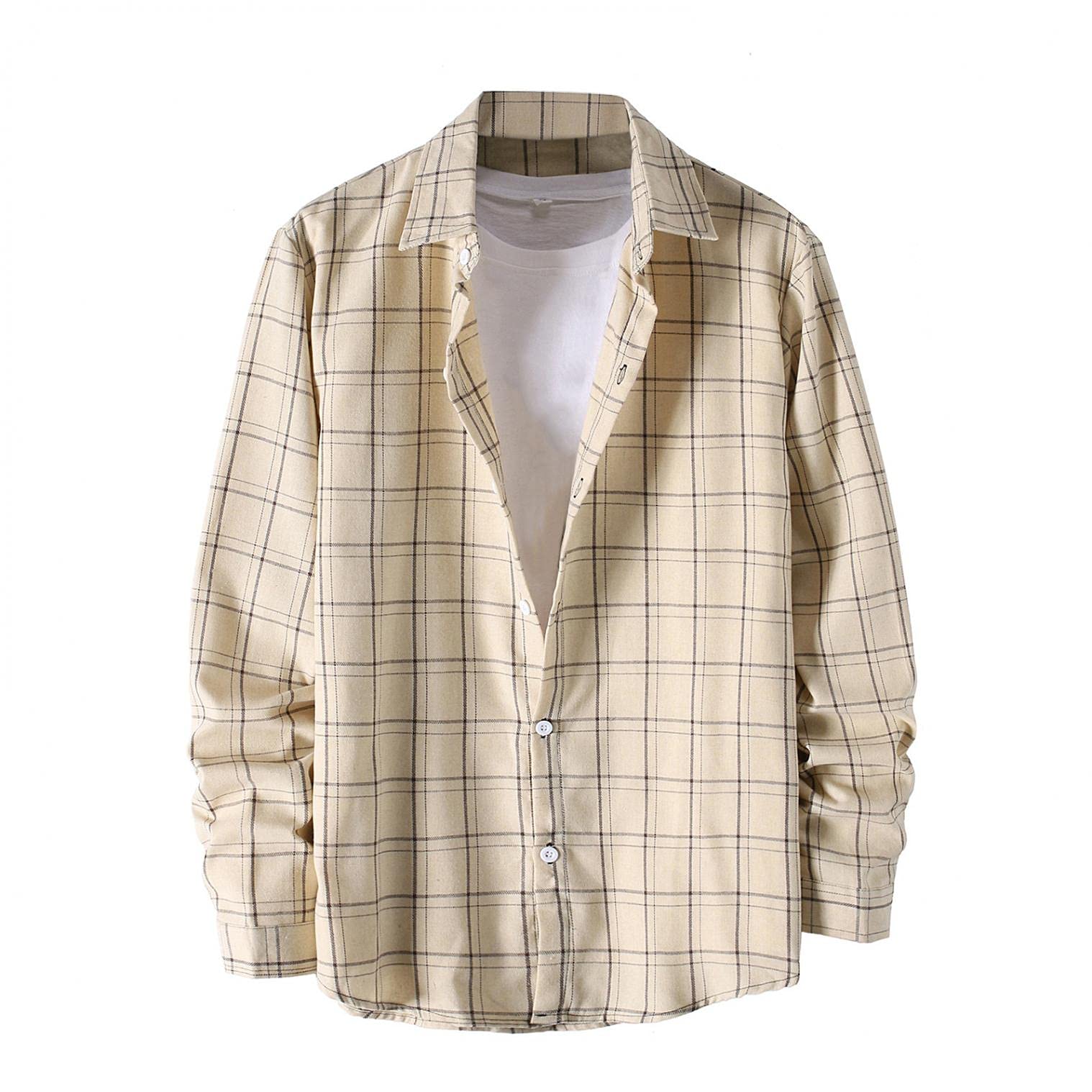 Men's Casual Flannel Shirt - Long Sleeve Plaid Button Down Shirt, Loose Fit Checkered Dress Shirt in Beige (Medium) | Perfect for Outdoor Activities, Work & Fall Fashion