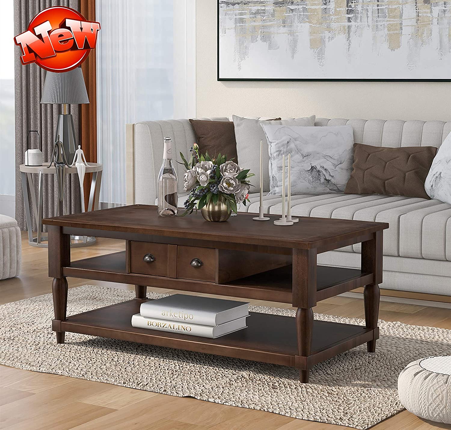 TYNAWYNW Solid Wood Coffee Table - Modern Style Cocktail Table with Storage Shelf & 1 Drawer, Sturdy End Table with Metal Knobs for Living Room, Office - Durable Sofa Table (Brown) - Perfect for Small Spaces, Home Decor & Entertaining Guests