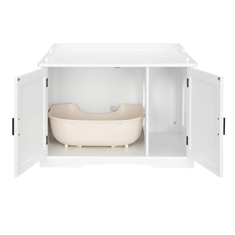 VINGLI White Cat Litter Box Enclosure - Modern Cat Washroom Storage Bench with Privacy Cover, Multi-Functional Nightstand Side Table & Kitty House Furniture for Small Spaces | Perfect for Apartments, Living Rooms & Bedrooms