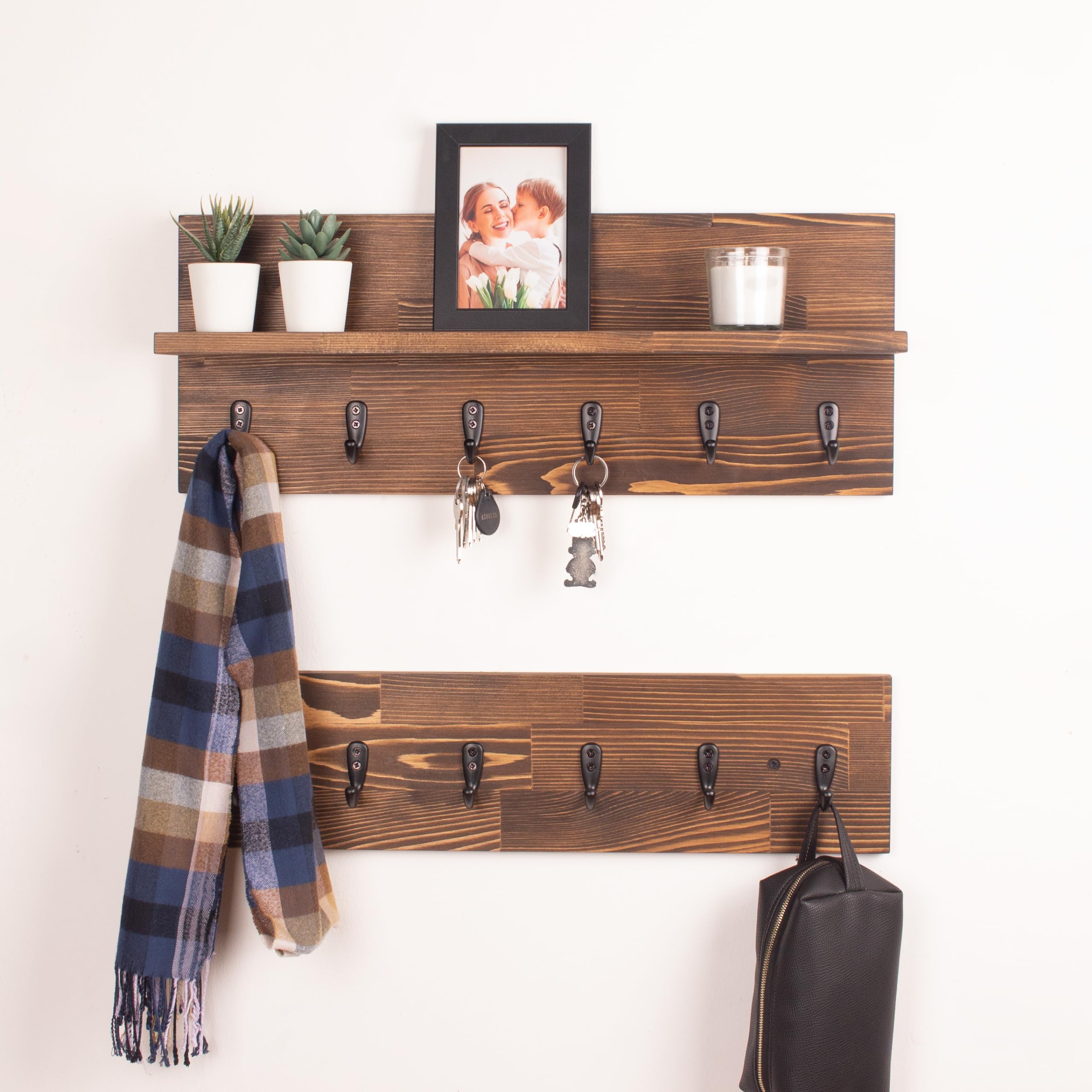 Wall Mounted Coat Rack with Floating Shelf - 24 Inch Rustic Wooden Entryway Organizer for Keys, Towels & Leashes (Set of 2 with 6 Hooks) - Perfect for Hallway, Mudroom & Bathroom Organization