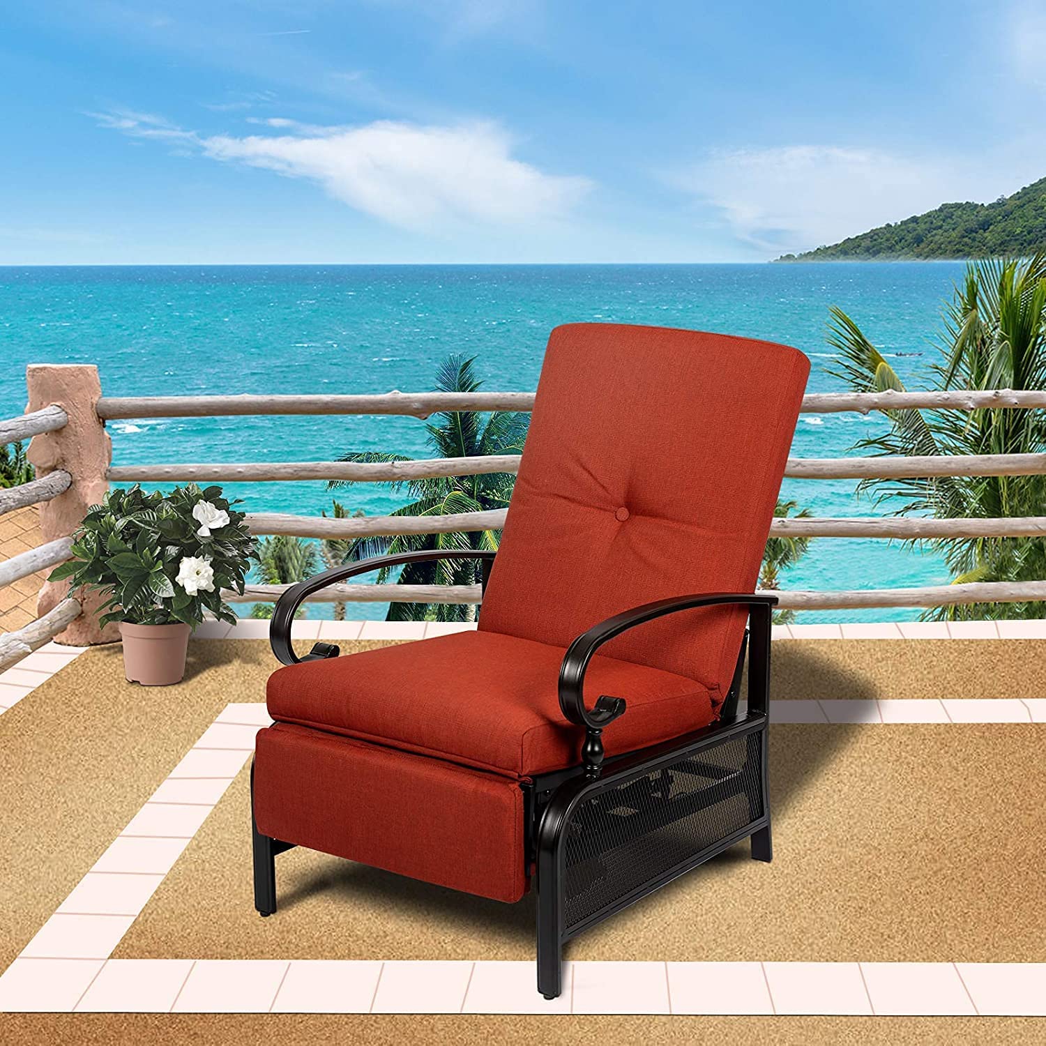 Oakcloud Adjustable Outdoor Lounge Chair - Metal Patio Recliner with Removable Cushions (Red) - Perfect for Backyard, Poolside & Beach Relaxation